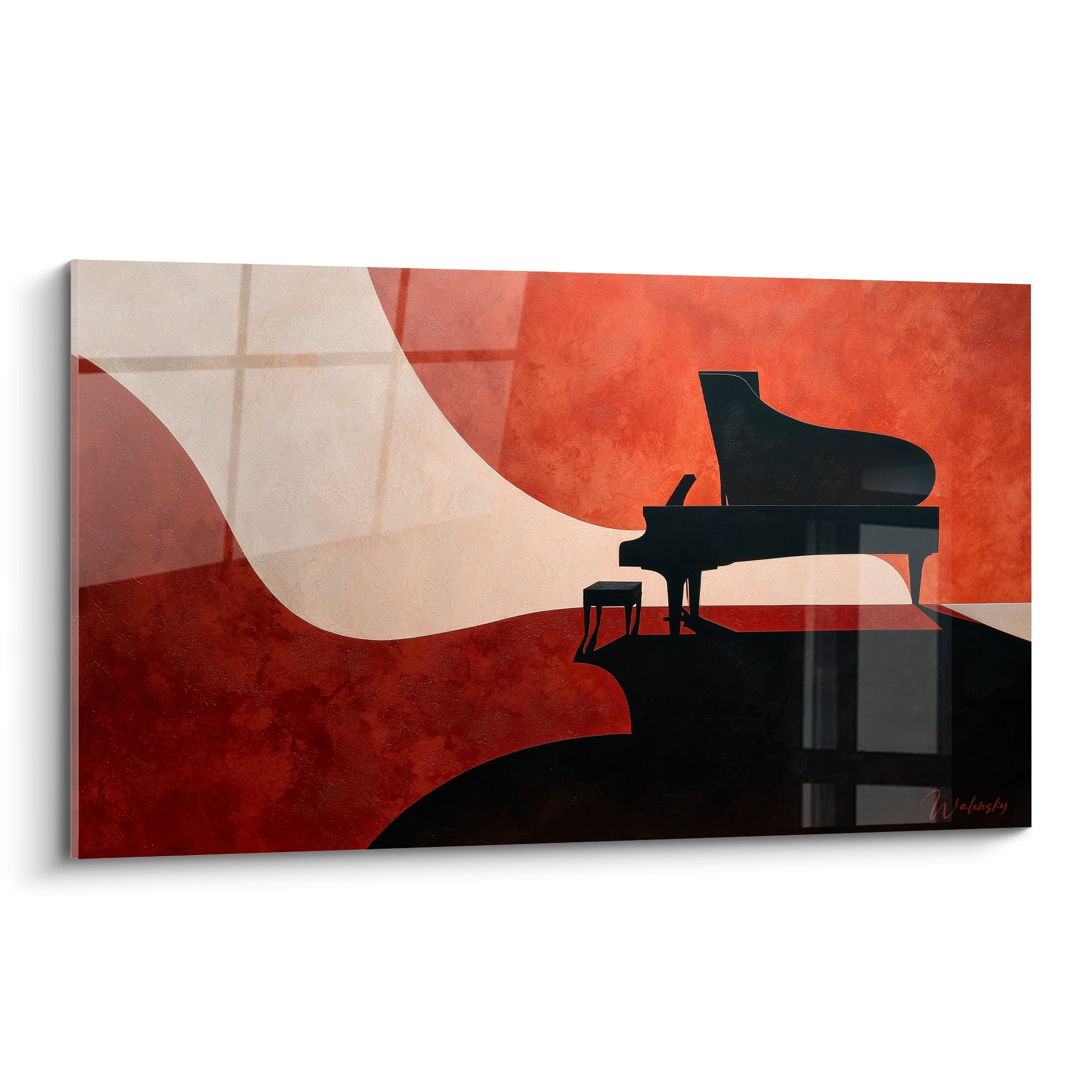 Piano à queue noir en silhouette sur fond terracotta et ivoire, tableau Musique au style graphique épuré