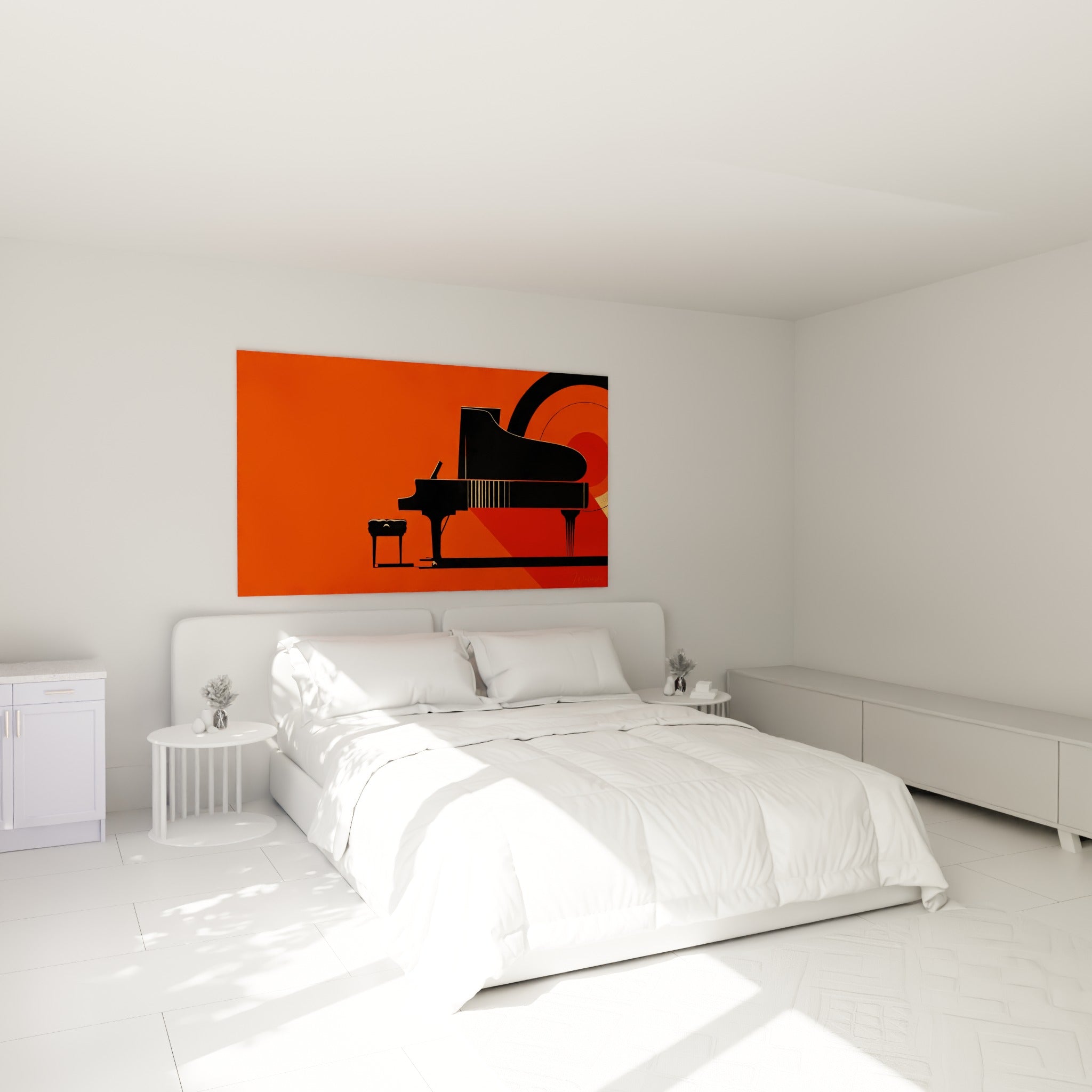 Silhouette de piano noir et tabouret sur fond orangé, accrochée au-dessus d'un lit dans une chambre claire