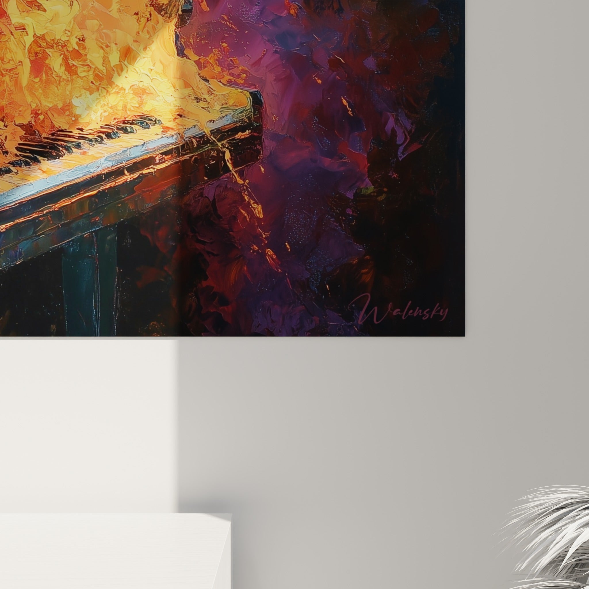 Empâtements de peinture orange et jaune se mêlant au bleu pétrole du bois sur la toile du piano