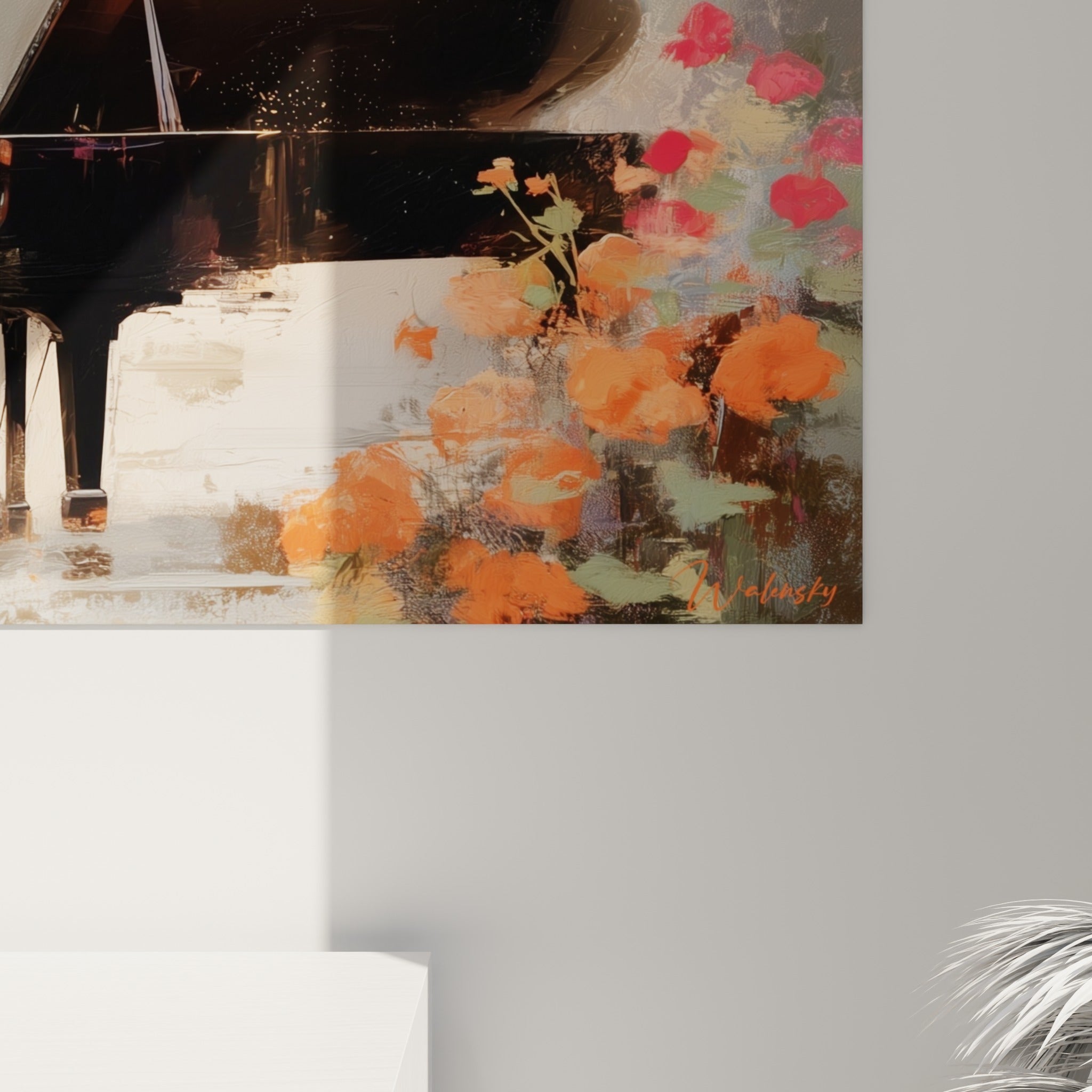 Empâtements de peinture révélant les nuances orange, roses et noires du piano et des fleurs peintes