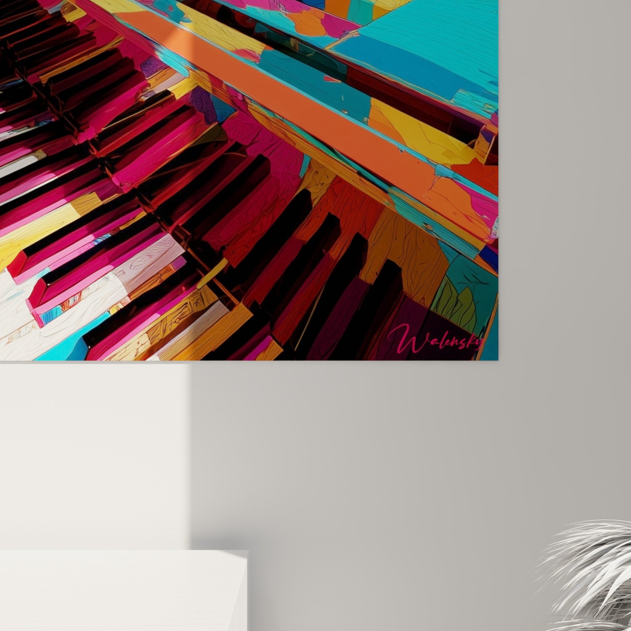 Empâtements colorés turquoise et magenta où les touches du piano se fondent en traits graphiques précis