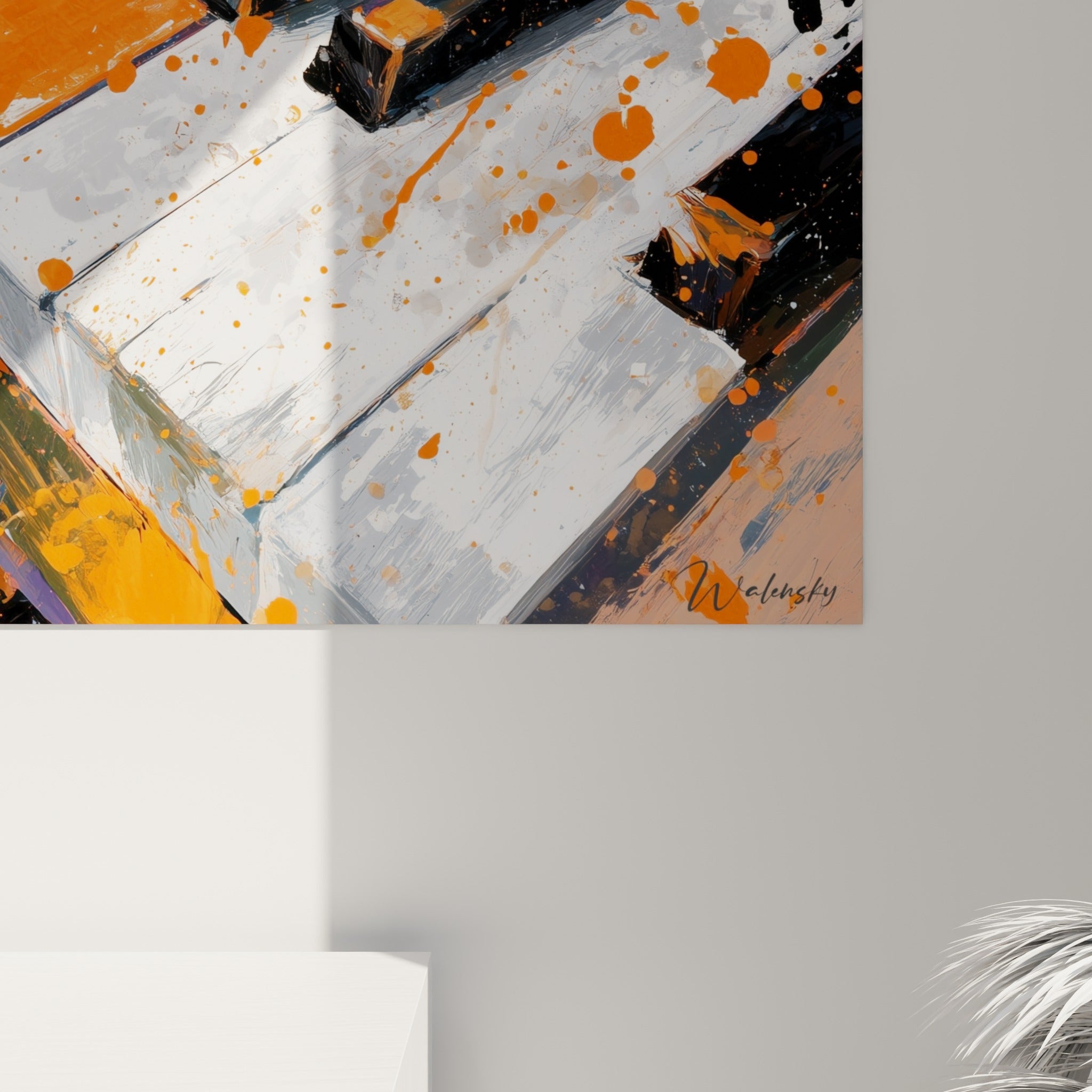 Empâtements orange et traits blancs nerveux sur les touches du piano, grain de peinture visible de près