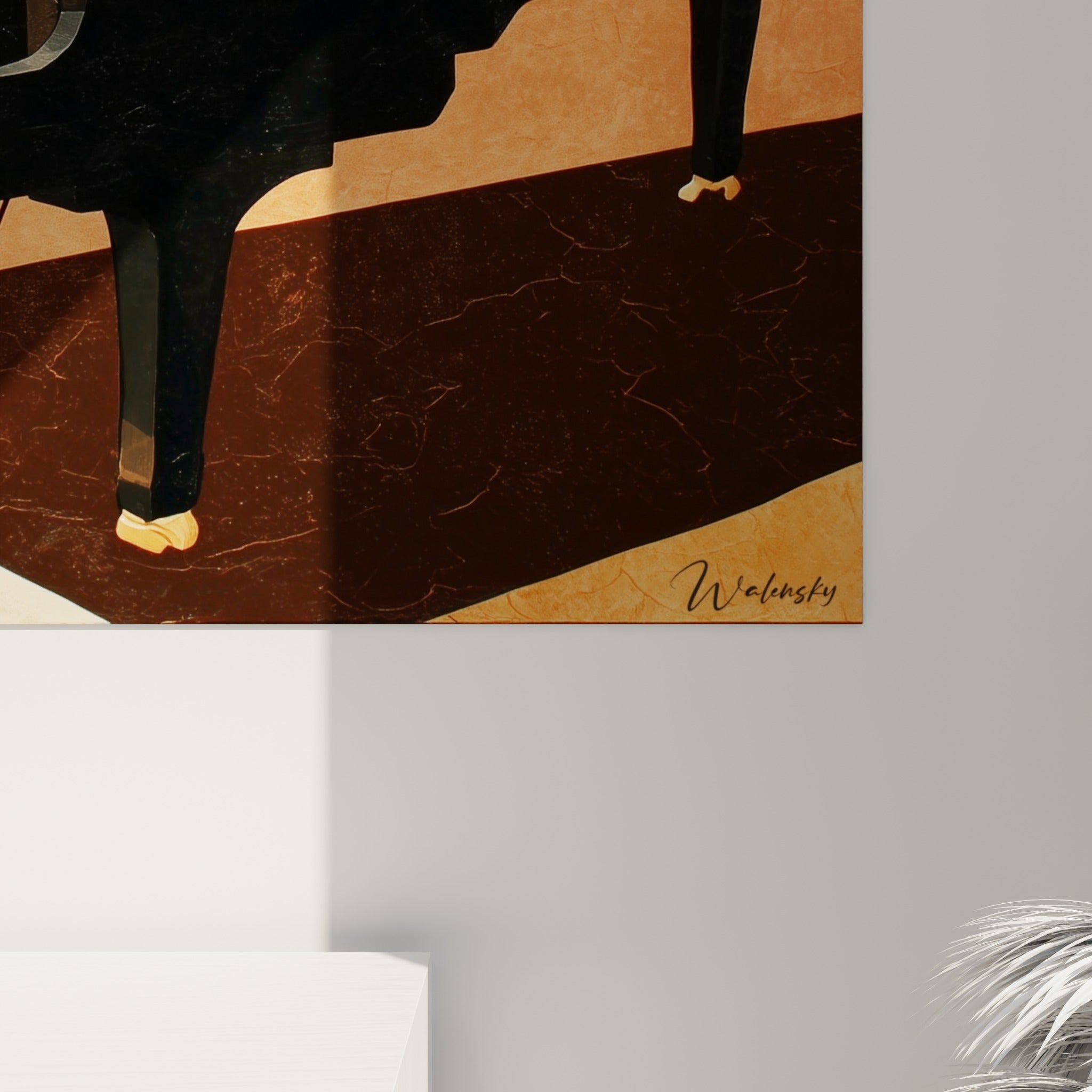 Détail du vernis noir et des touches ivoire du piano, grain et lumière rasante sur la toile Musique
