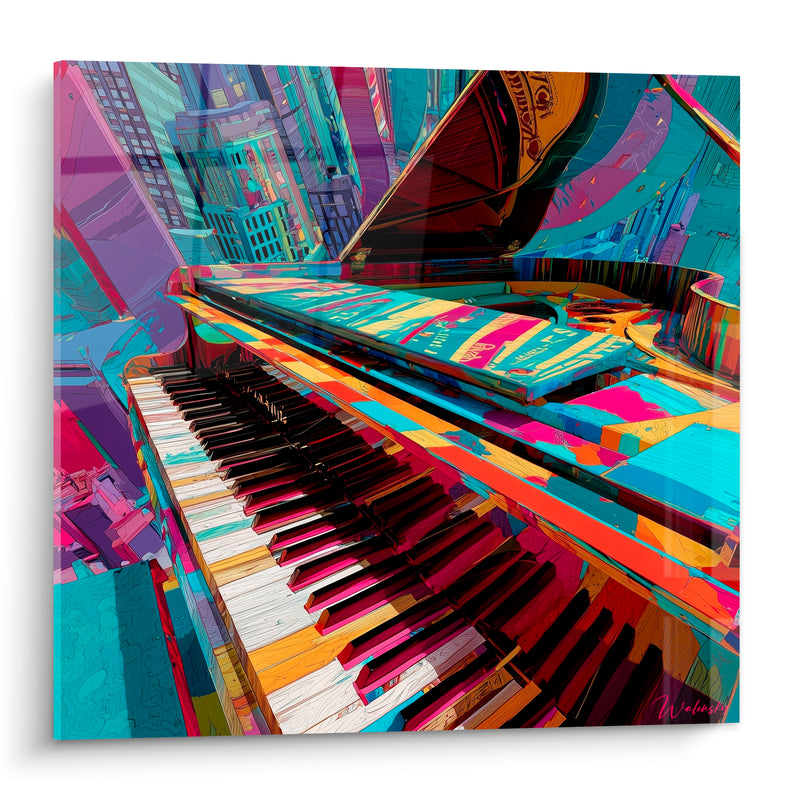 Tableau Musique piano turquoise magenta ville pop - Vertige urbain - Edition Musique