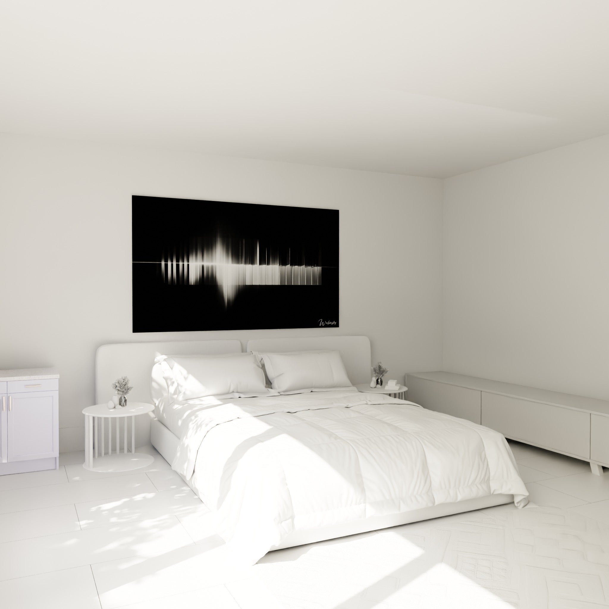 Piano musique noir et blanc vibrant, accroché au-dessus d'un lit dans une chambre claire