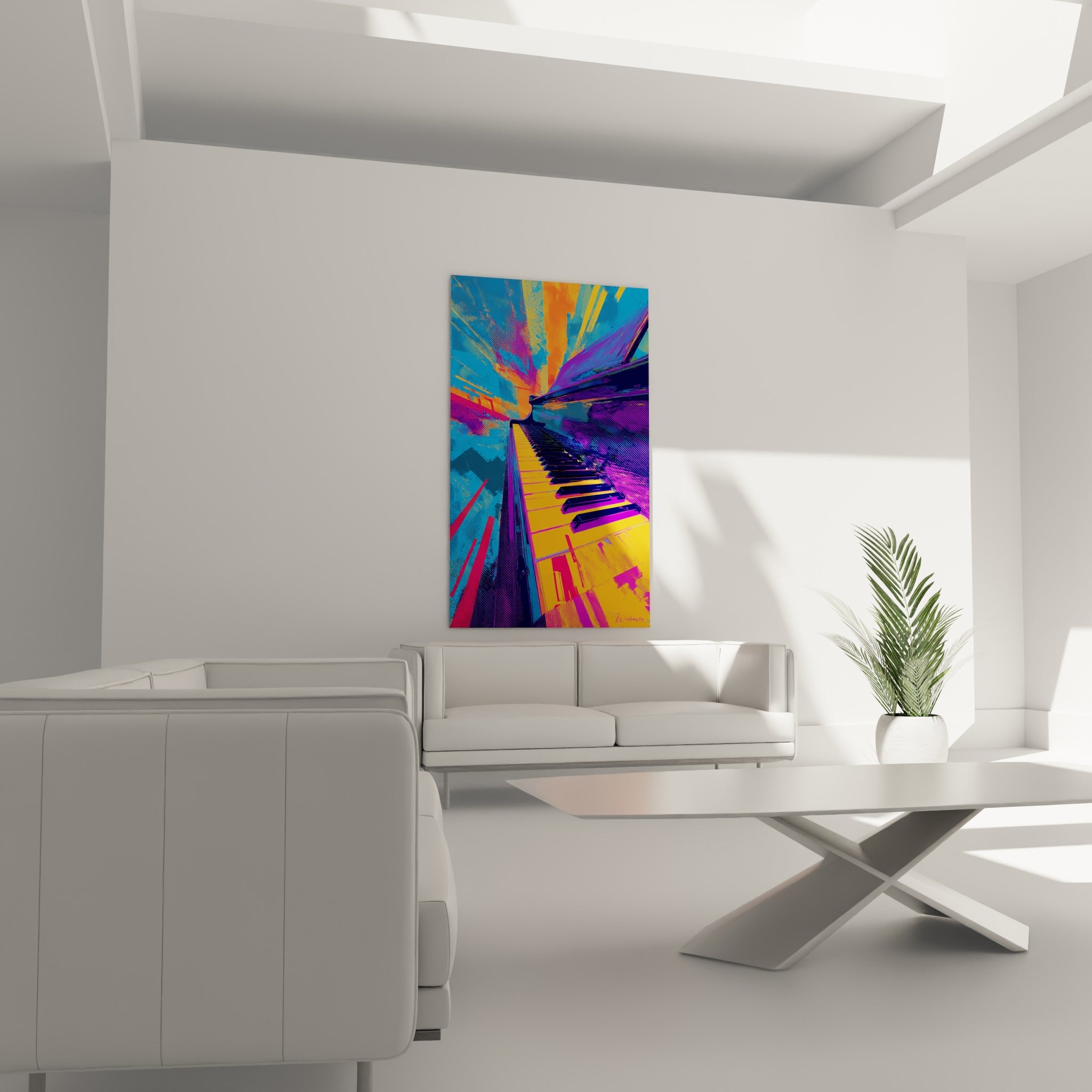 Instrument à touches jaunes et violettes traité en pop art, au-dessus d'un canapé dans un salon lumineux