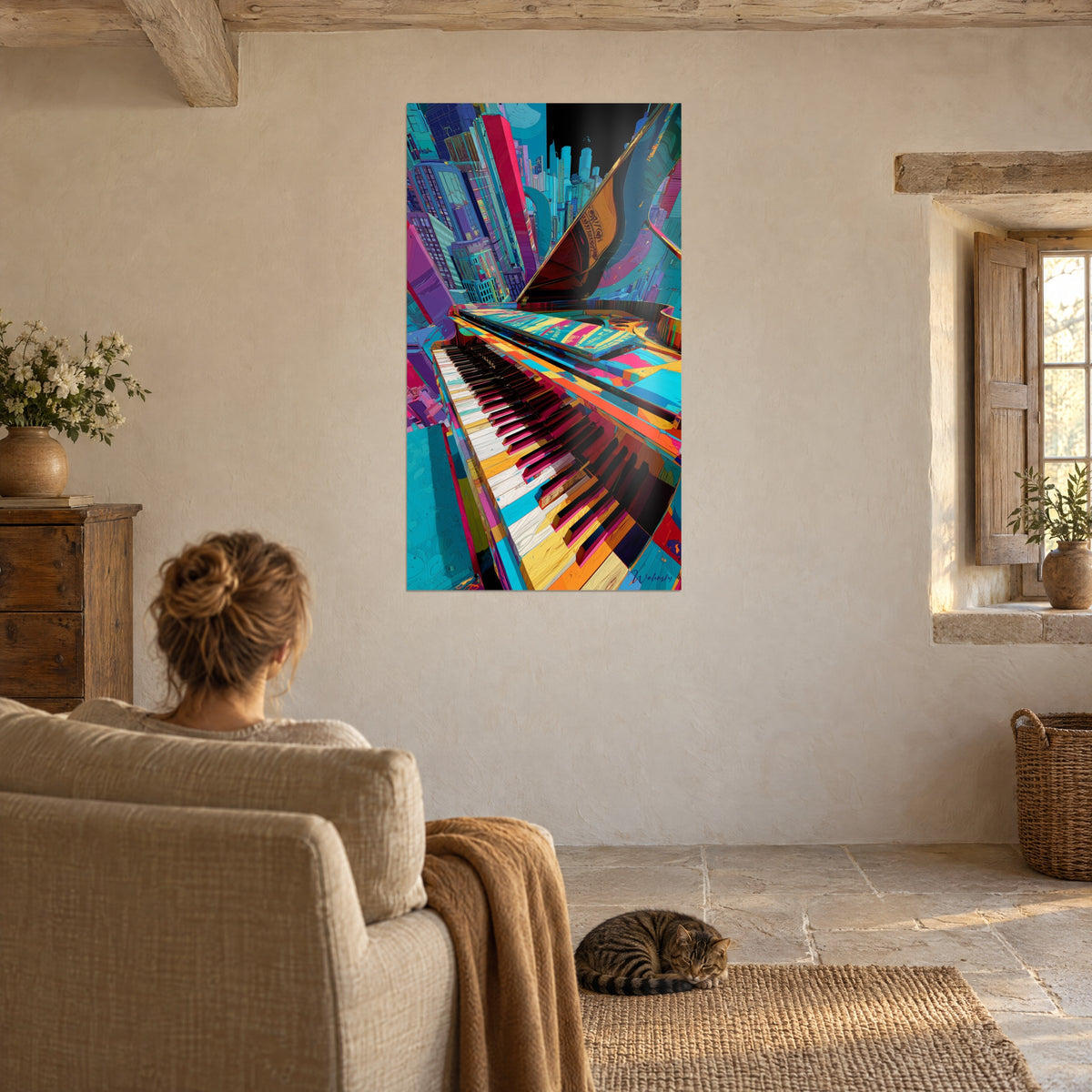 Wall art colorful pianoforte seen from above, yellow and pink keys, turquoise skyscrapers, stone living room with a tabby cat lying down