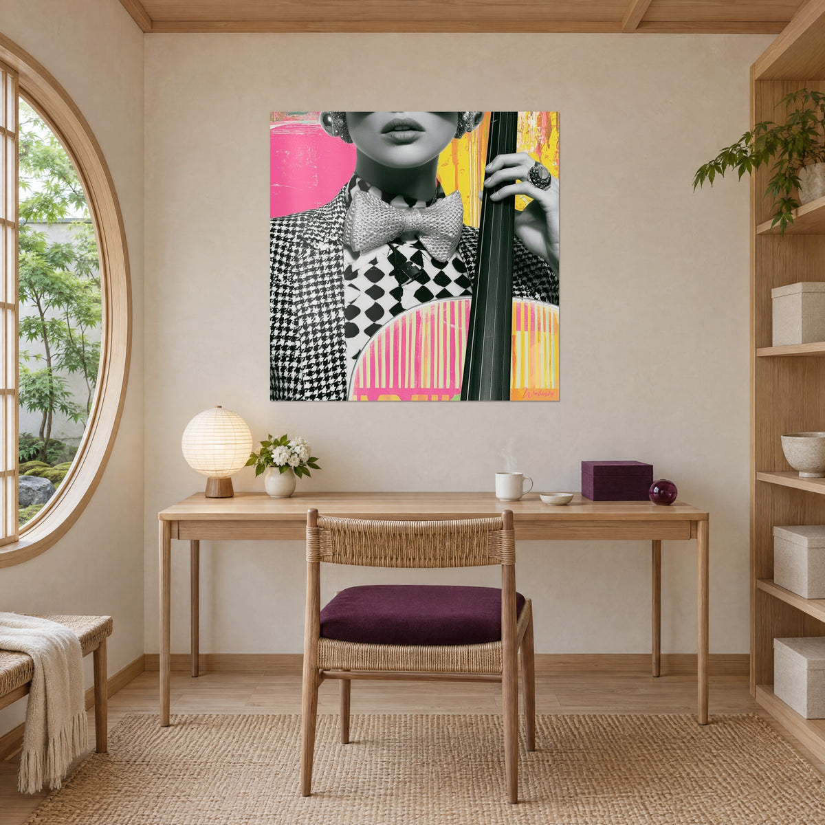 Schilderij vrouw met contrabas, parels als oorbellen, fel roze en geel op zwart-wit pied-de-poule, aan de muur van een kantoor in licht hout
