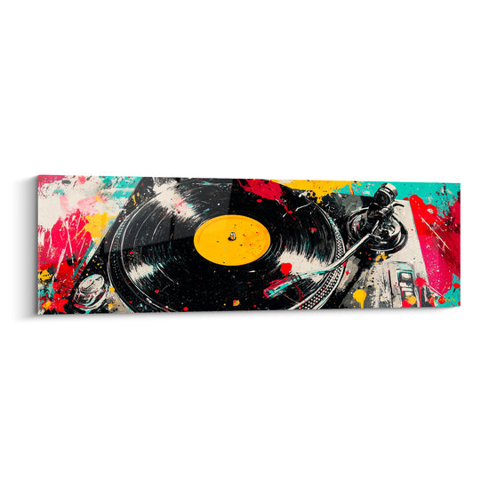 Platine vinyle noire aux éclaboussures rouges et jaunes, disque tournant sous une aiguille métallique détaillée