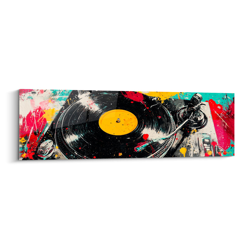 Tableau Musique noir et jaune platine vinyle éclaboussée - Bras de lecture - Edition Musique