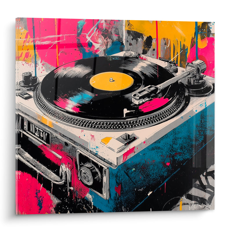 Tableau Musique rose et jaune platine vinyle - Éclaboussures pop art - Edition Musique