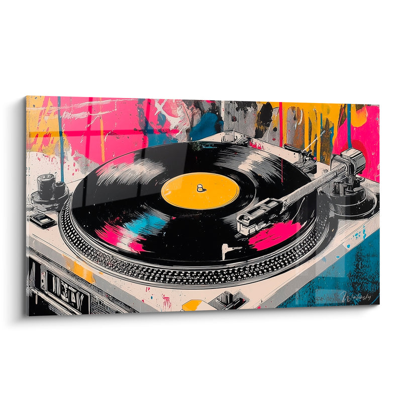 Tableau Musique platine vinyle rose jaune éclaboussures - Nuit électrique - Edition Musique