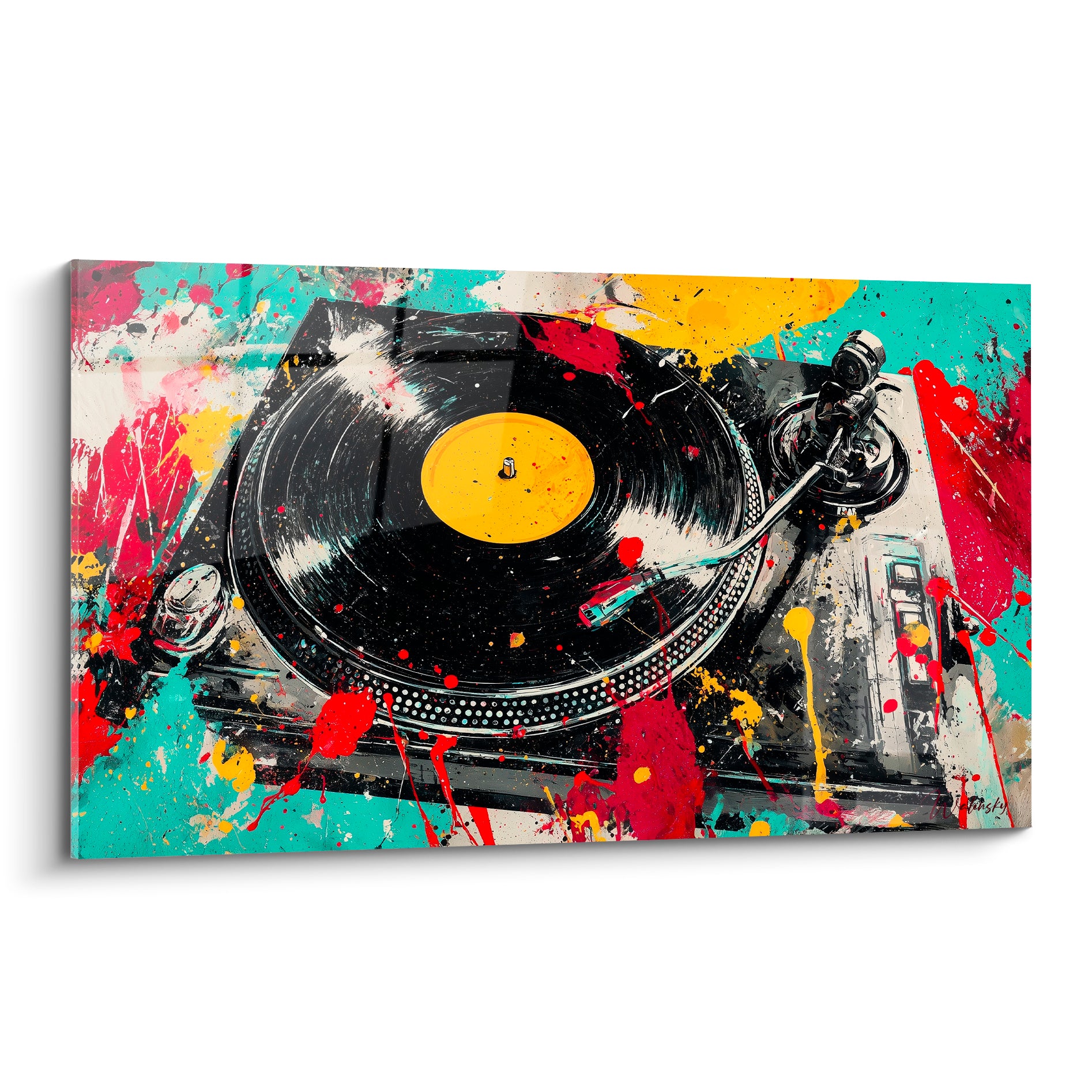 Platine vinyle noire éclaboussée de turquoise, rouge fauve et jaune, style street art urbain