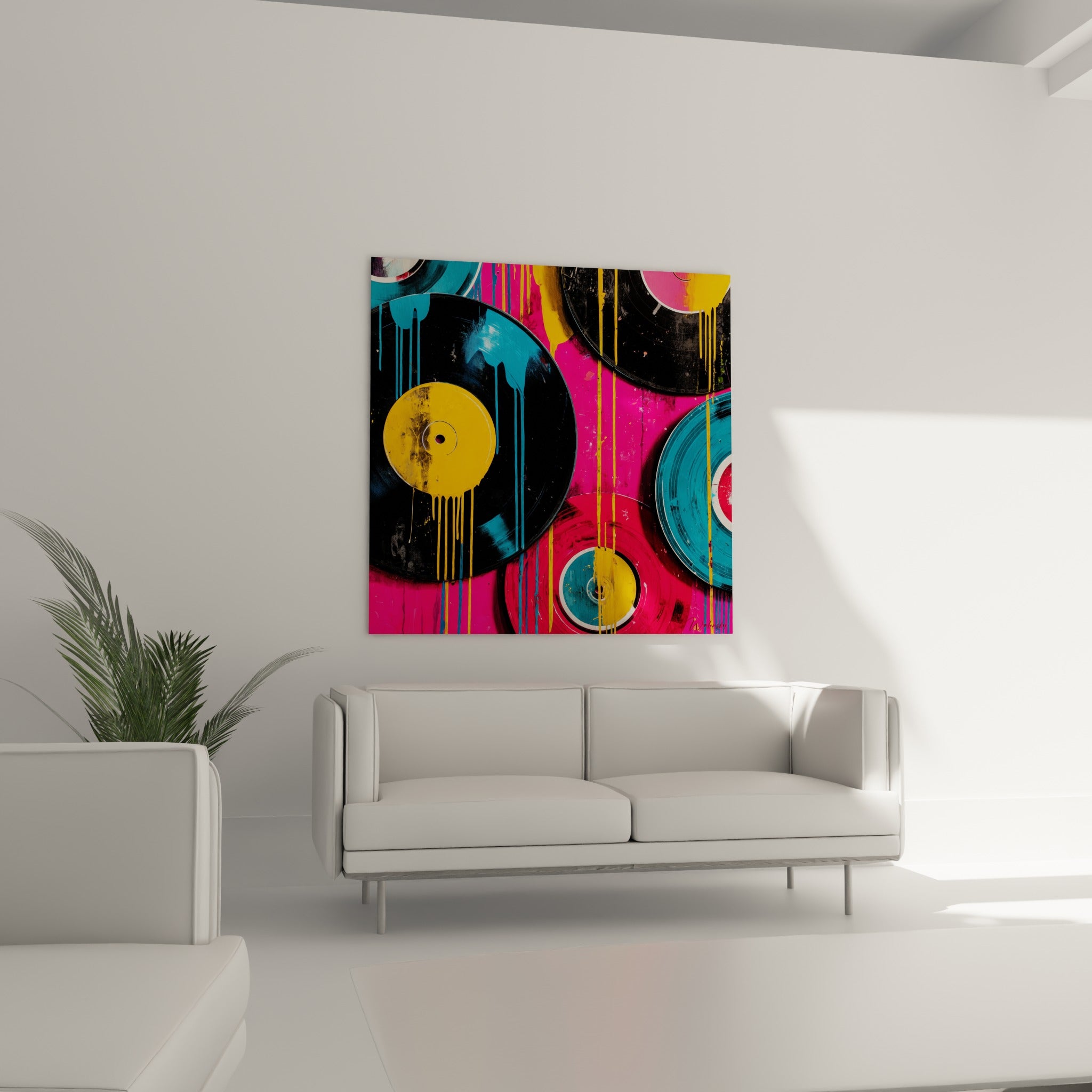 Vinyles rose fuchsia et noir profond, composition pop art au-dessus d'un canapé dans un salon lumineux
