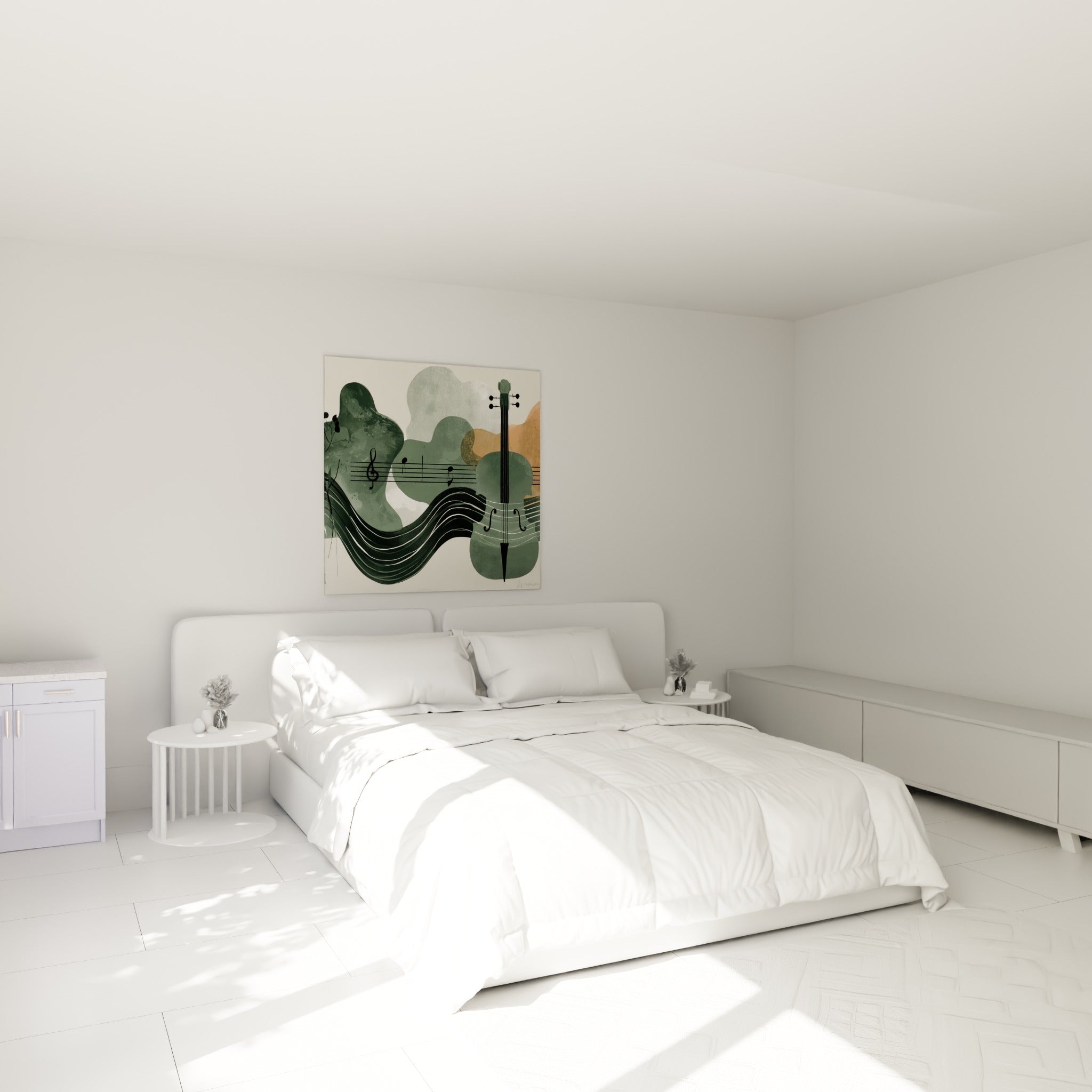 Portée musicale et violoncelle anthracite en vagues fluides, accroché au-dessus d'un lit dans une chambre claire