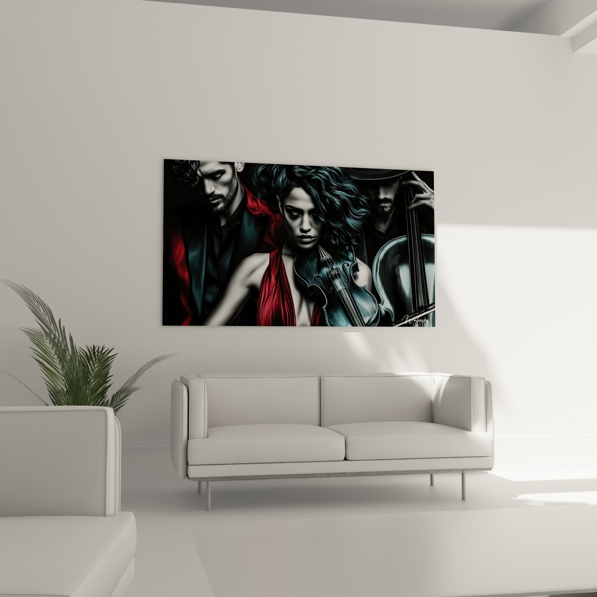 Violoniste au regard baissé, drapé rouge profond et lumière bleutée, au-dessus d'un canapé dans un salon lumineux