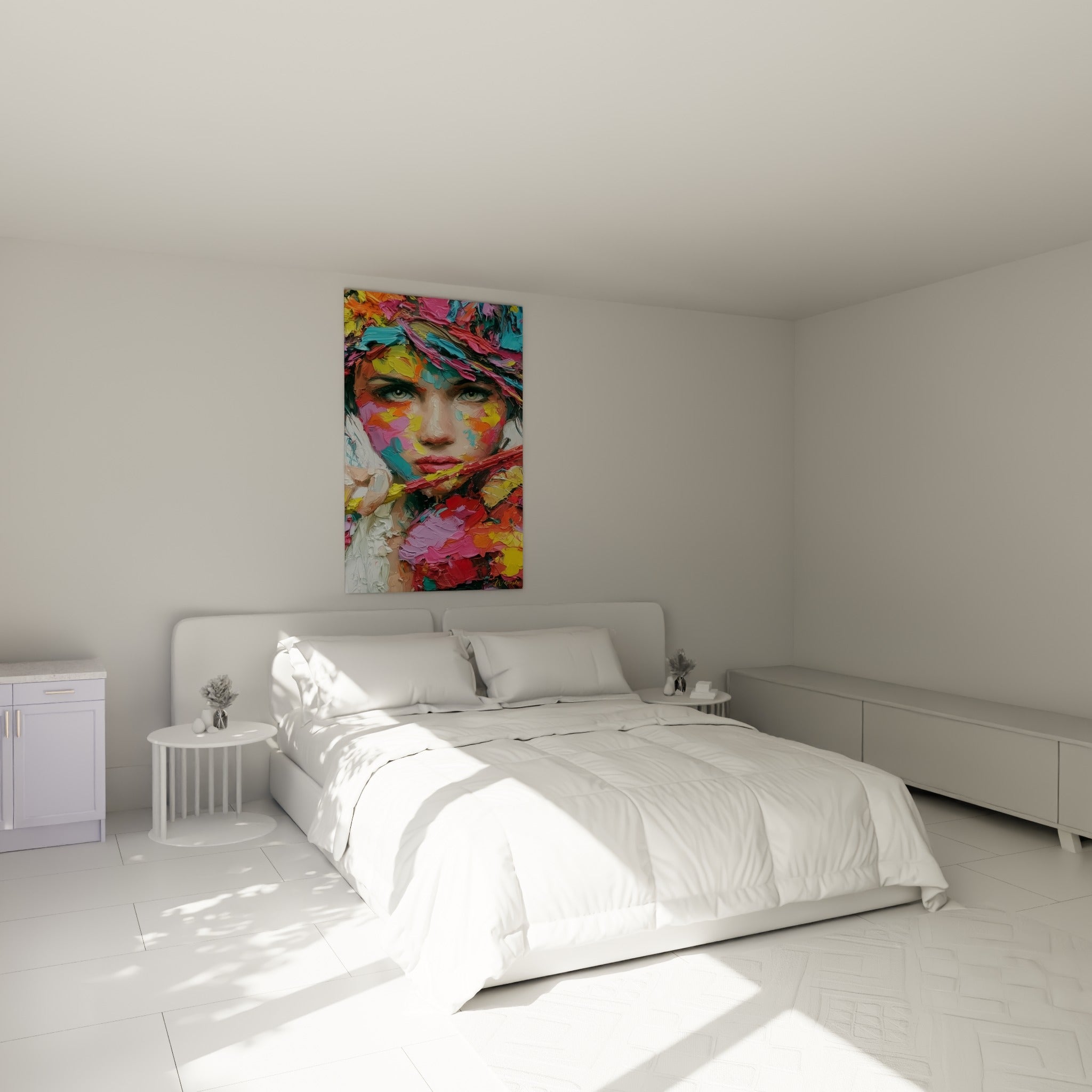 Visage éclaté de rose et bleu turquoise, écharpe rouge, au-dessus d'un lit dans une chambre claire