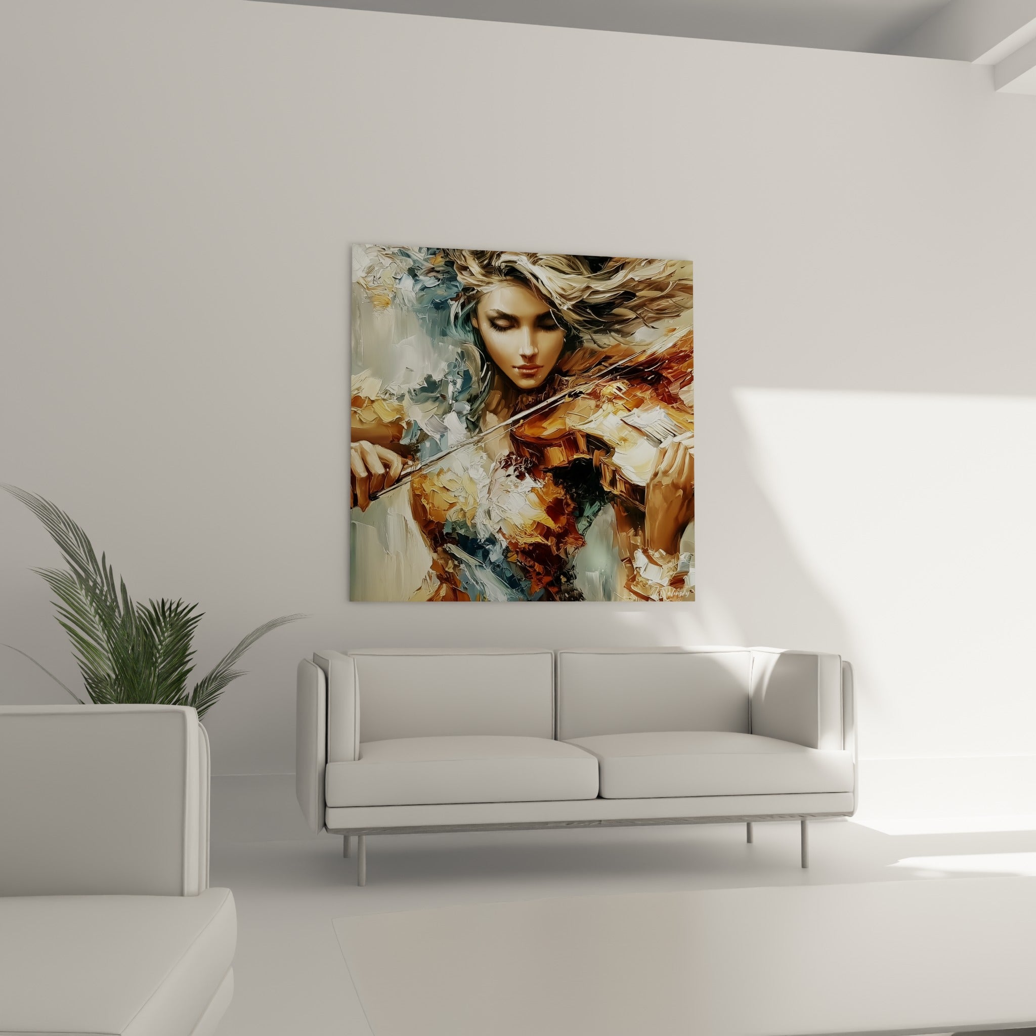 Portrait de violoniste en camaïeu doré et blanc cassé, au-dessus d'un canapé dans un salon lumineux
