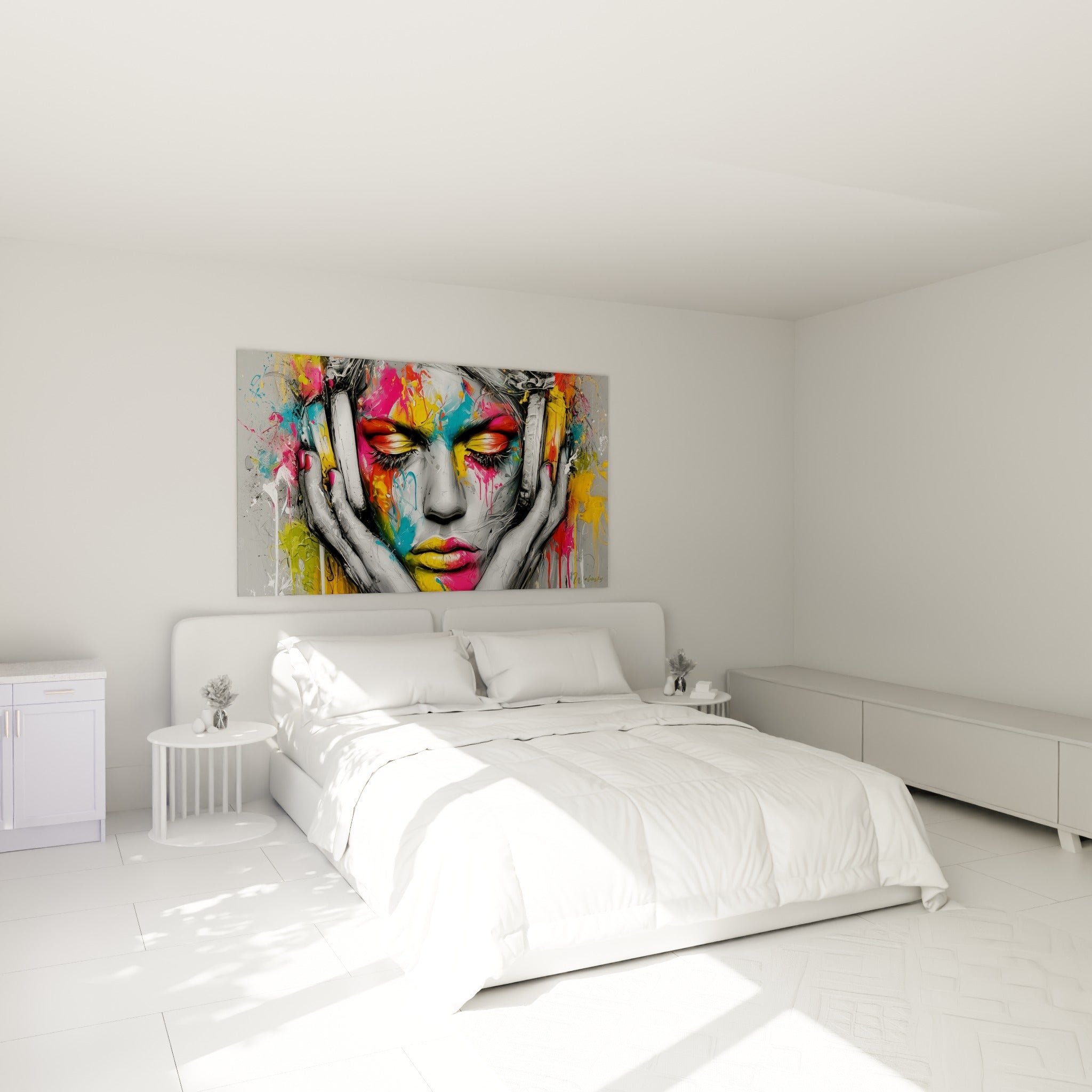 Portrait Musique haut en couleurs, rose et jaune doré, accroché au-dessus d'un lit dans une chambre claire