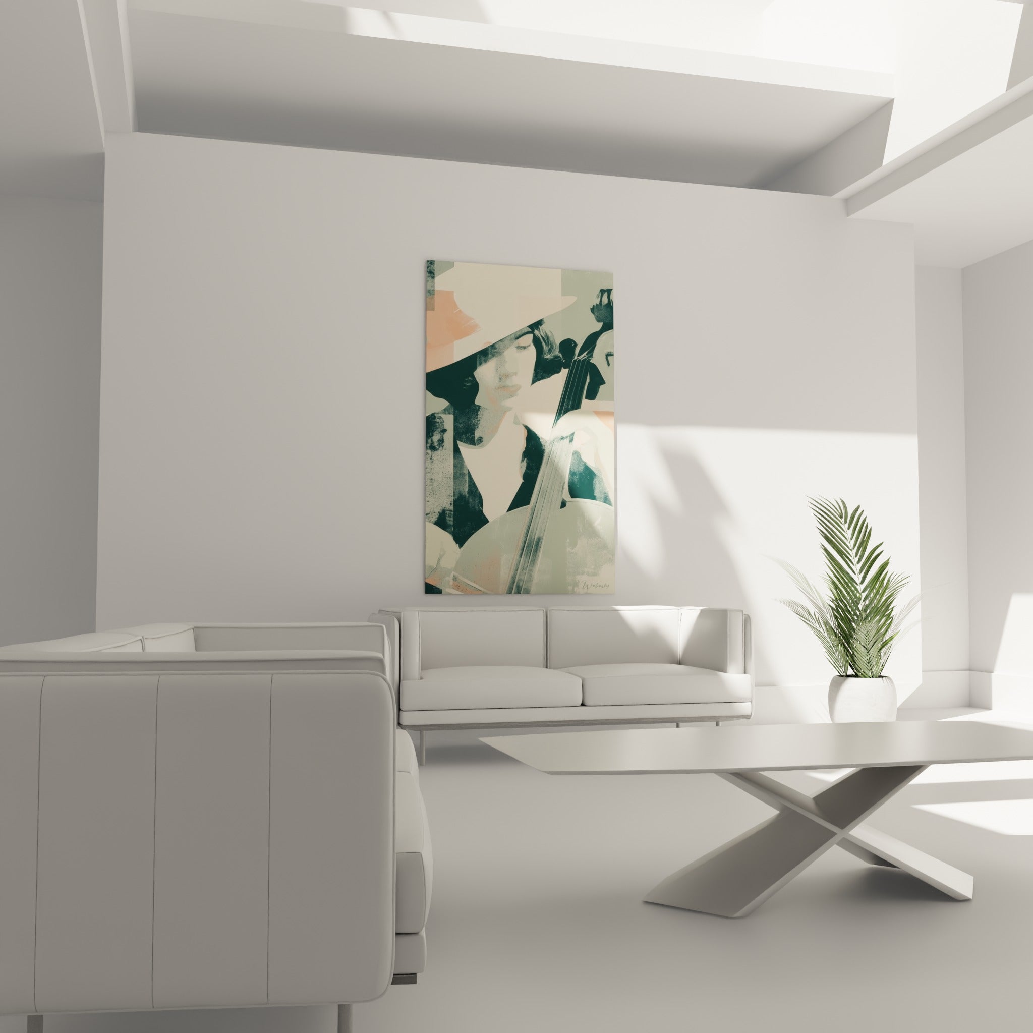 Portrait graphique d'une contrebassiste en tons crème et corail, au-dessus d'un canapé dans un salon lumineux