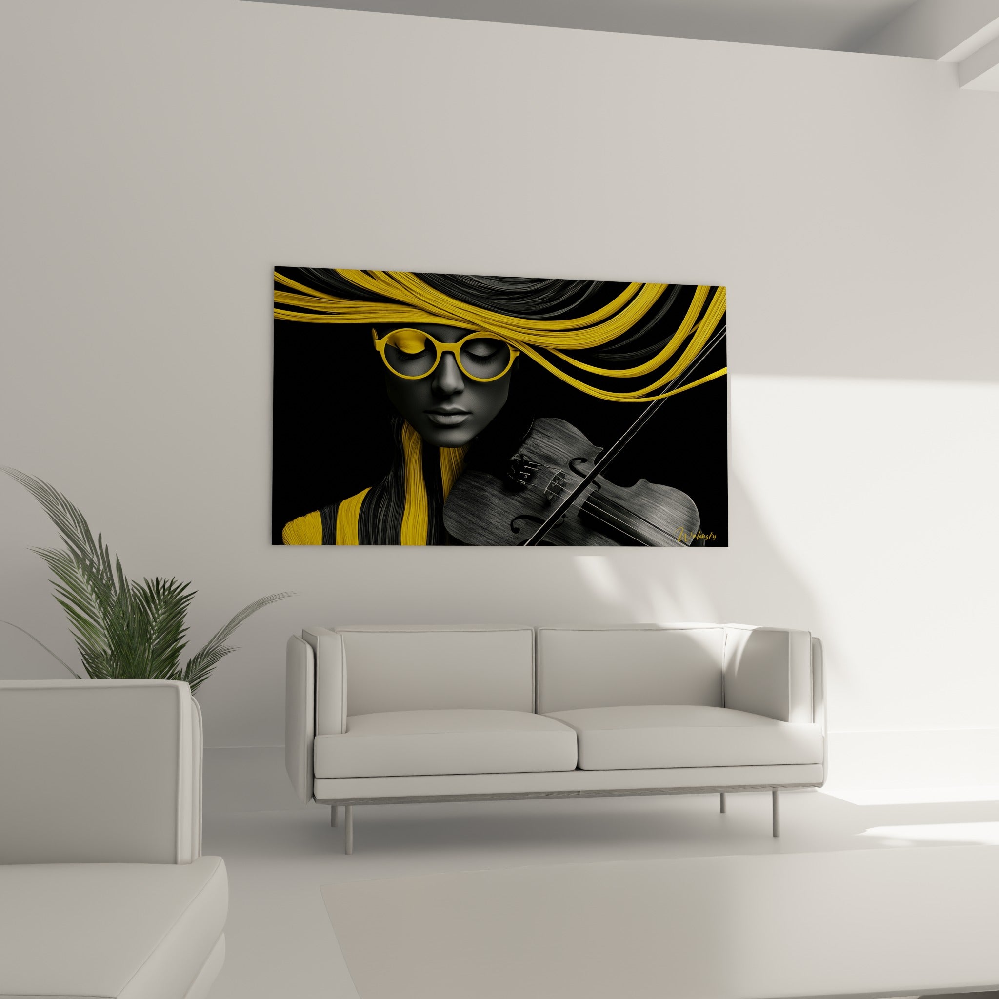 Portrait graphique d'une violoniste jaune moutarde et grise, au-dessus d'un canapé dans un salon lumineux
