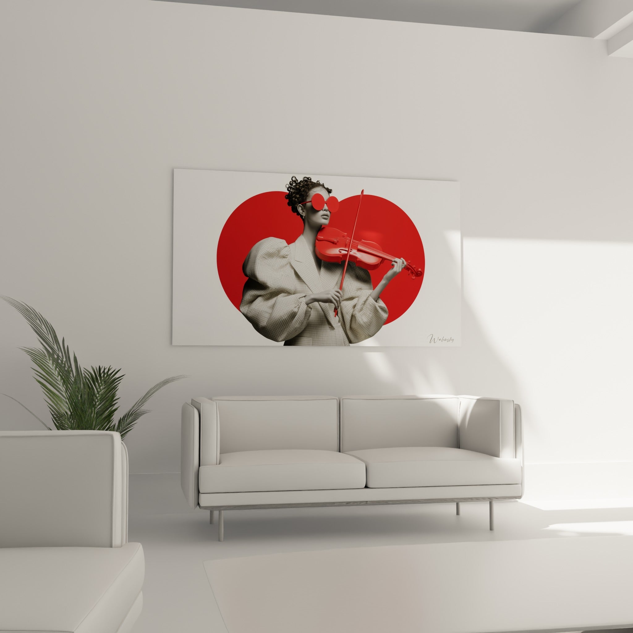 Portrait graphique en noir blanc et rouge d'une violoniste au-dessus d'un canapé dans un salon lumineux