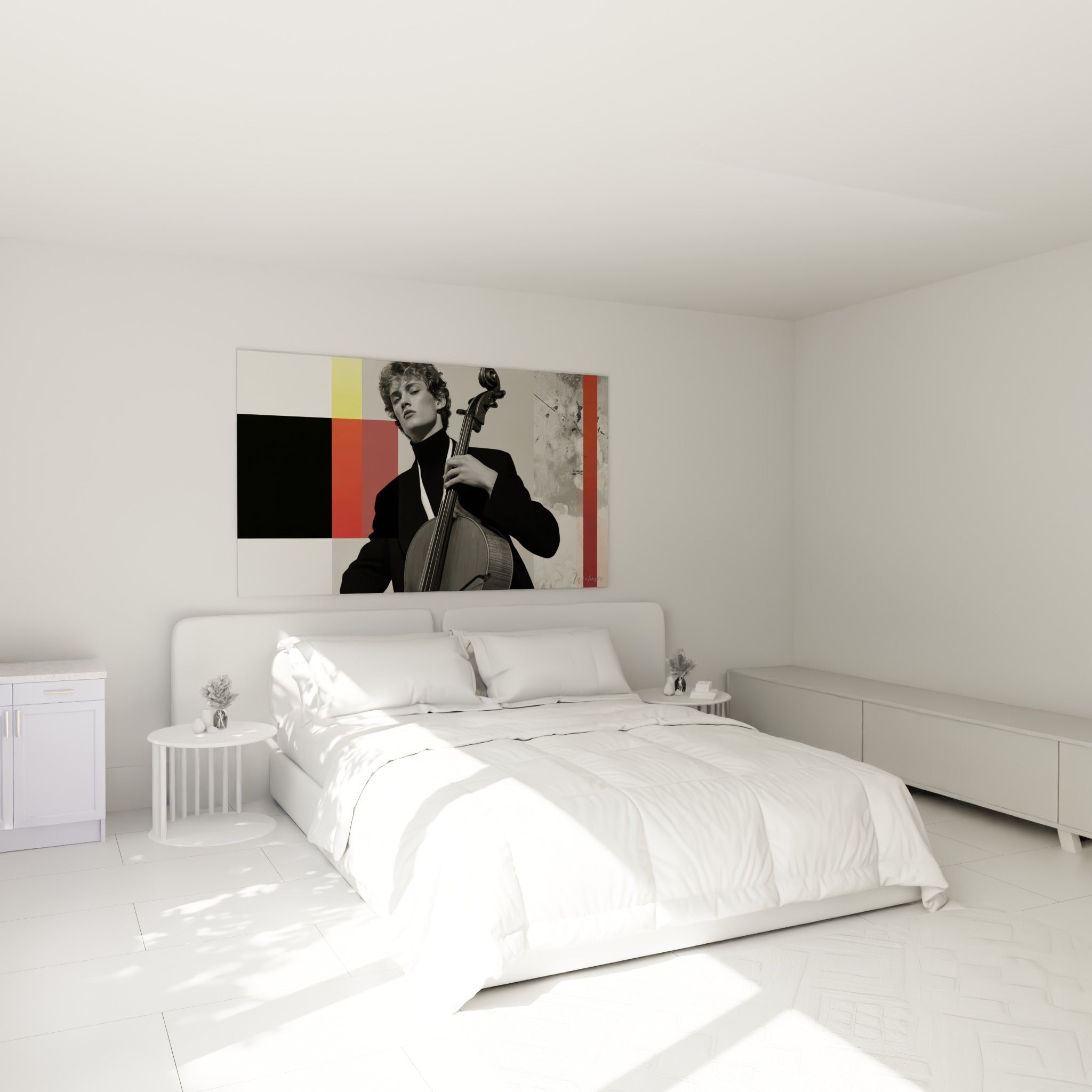 Musicien au violoncelle, tons gris et rouge brique, au-dessus d'un lit dans une chambre claire