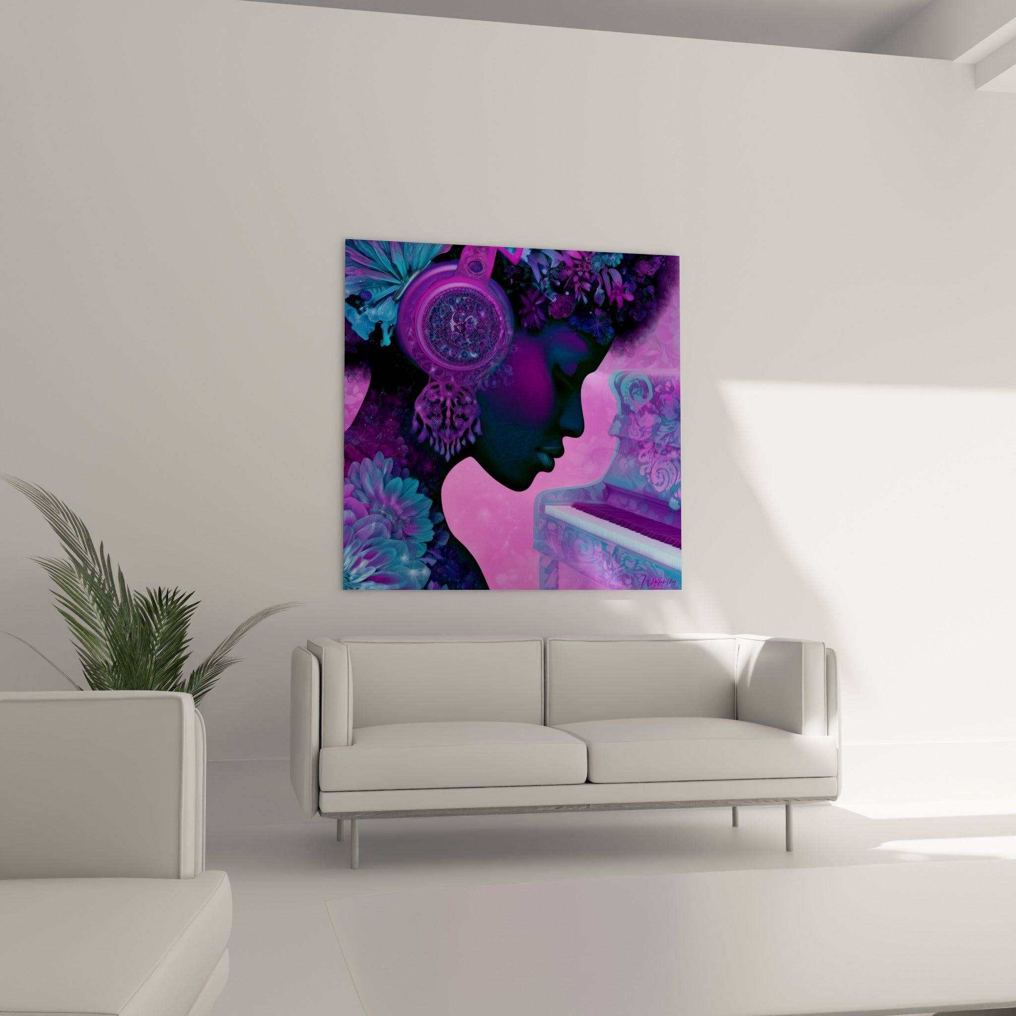 Portrait de Musique en dégradé rose et mauve, piano ancien et papillon bleu, au-dessus d'un canapé dans un salon lumineux