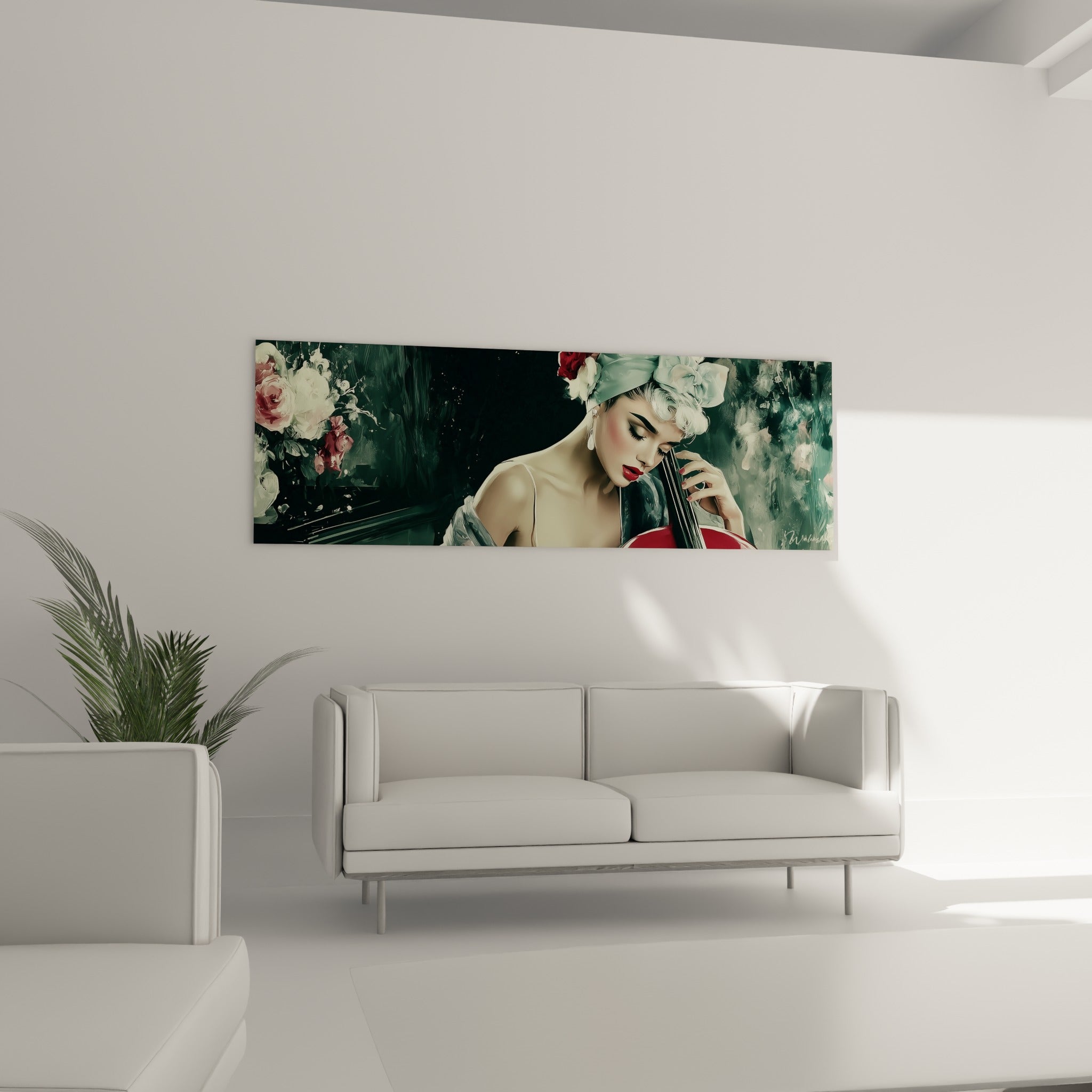 Portrait mélancolique jouant du violoncelle rouge parmi les roses pâles, disposé au-dessus d'un canapé dans un salon lumineux