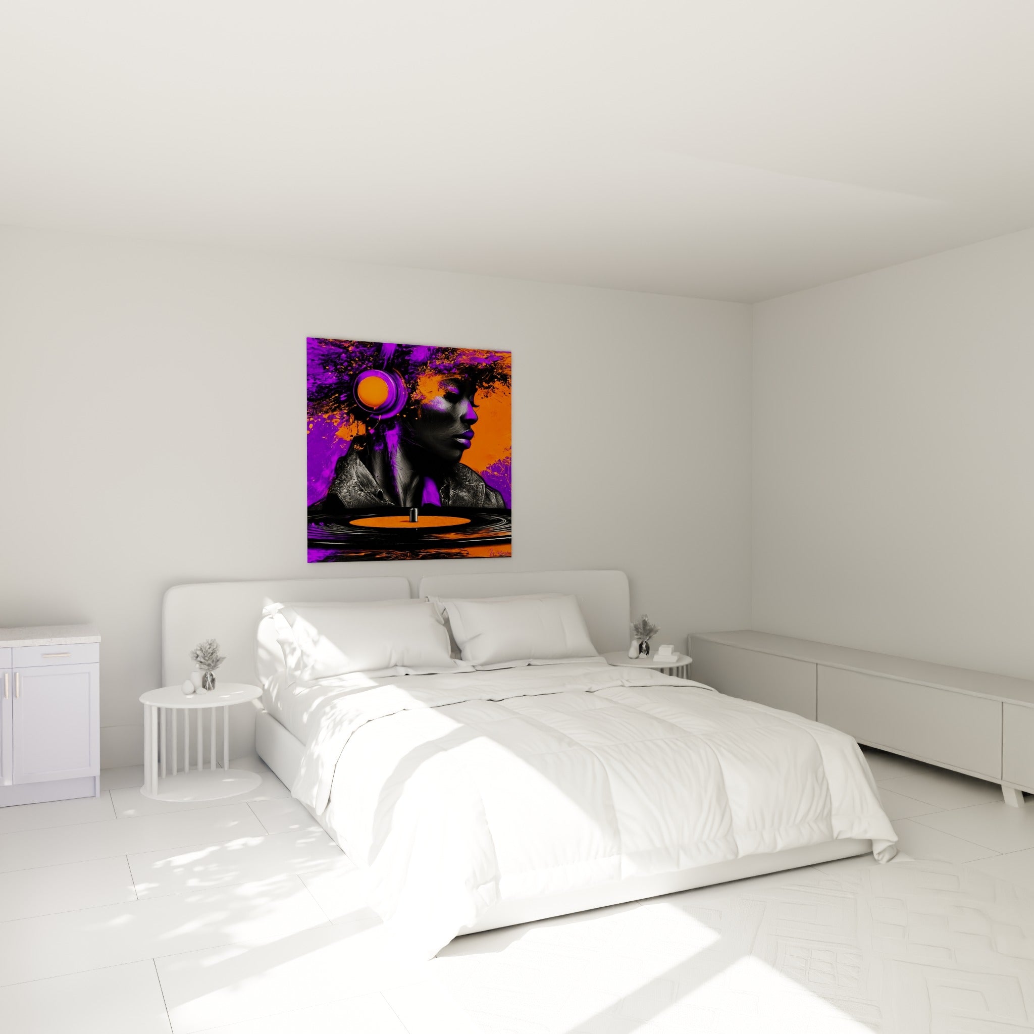 Silhouette Musique violette et orange, yeux clos, au-dessus d'un lit dans une chambre claire