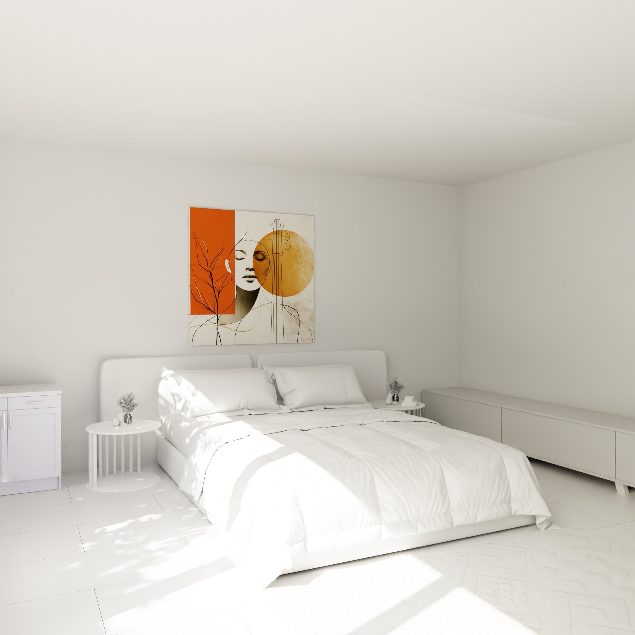 Musique visage serein entre terracotta et ocre, au-dessus d'un lit dans une chambre claire