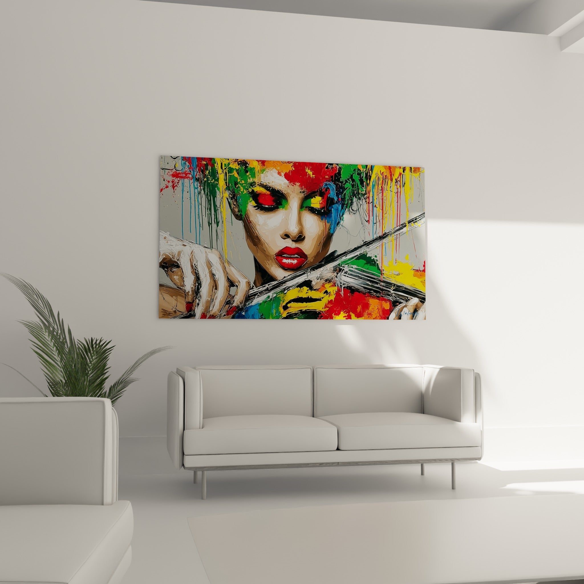 Visage expressif rouge et vert d'une violoniste peinte, au-dessus d'un canapé dans un salon lumineux