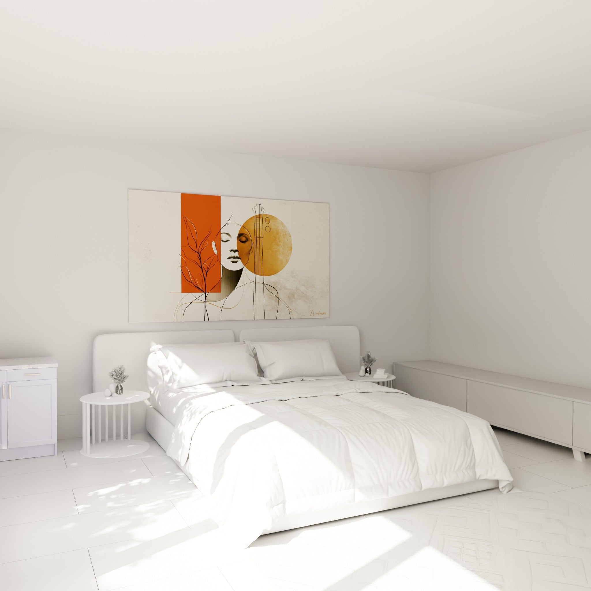 Femme aux yeux fermés entourée de terracotta et d'ocre, au-dessus d'un lit dans une chambre claire