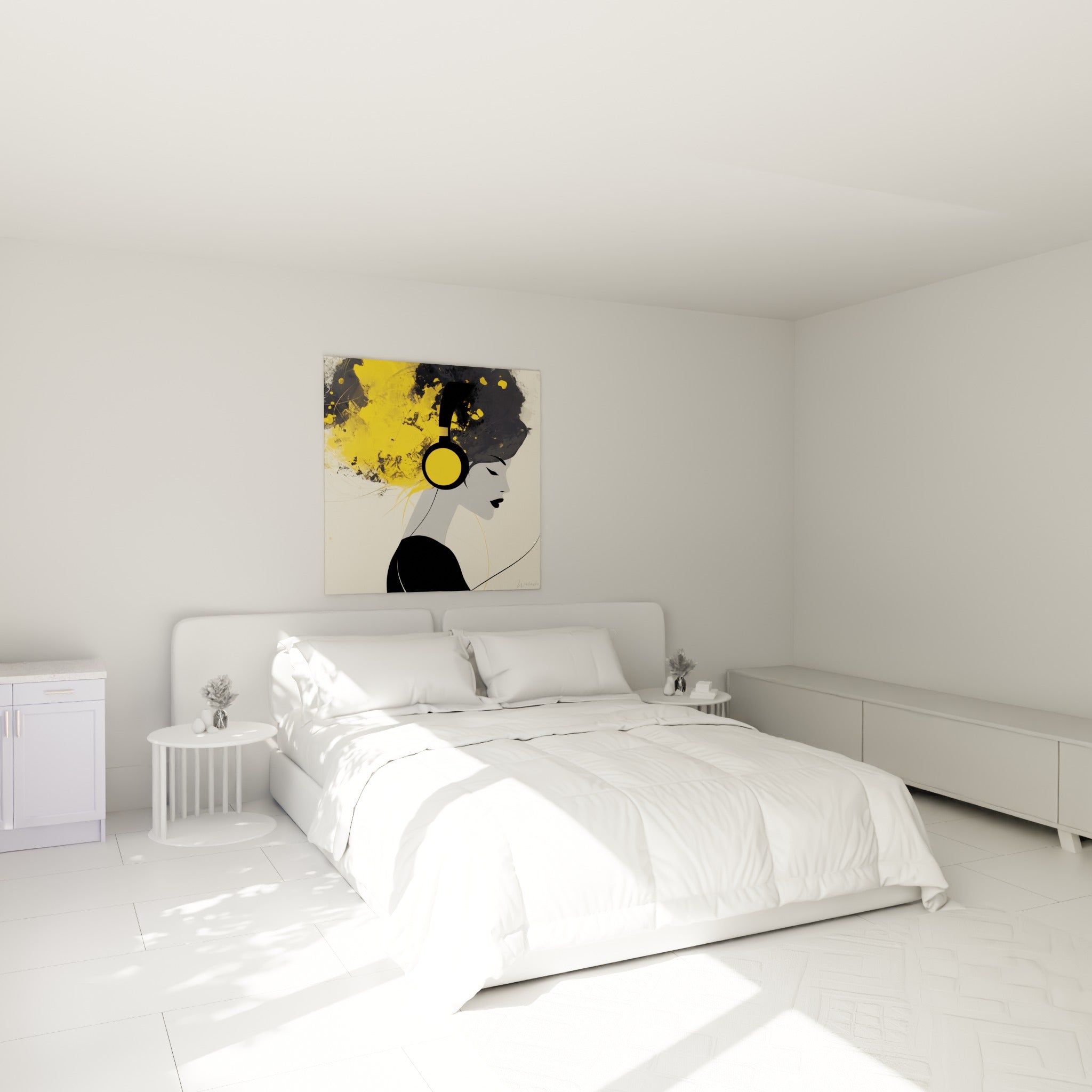 Silhouette gris et noir au casque jaune vif accrochée au-dessus d'un lit dans une chambre claire.
