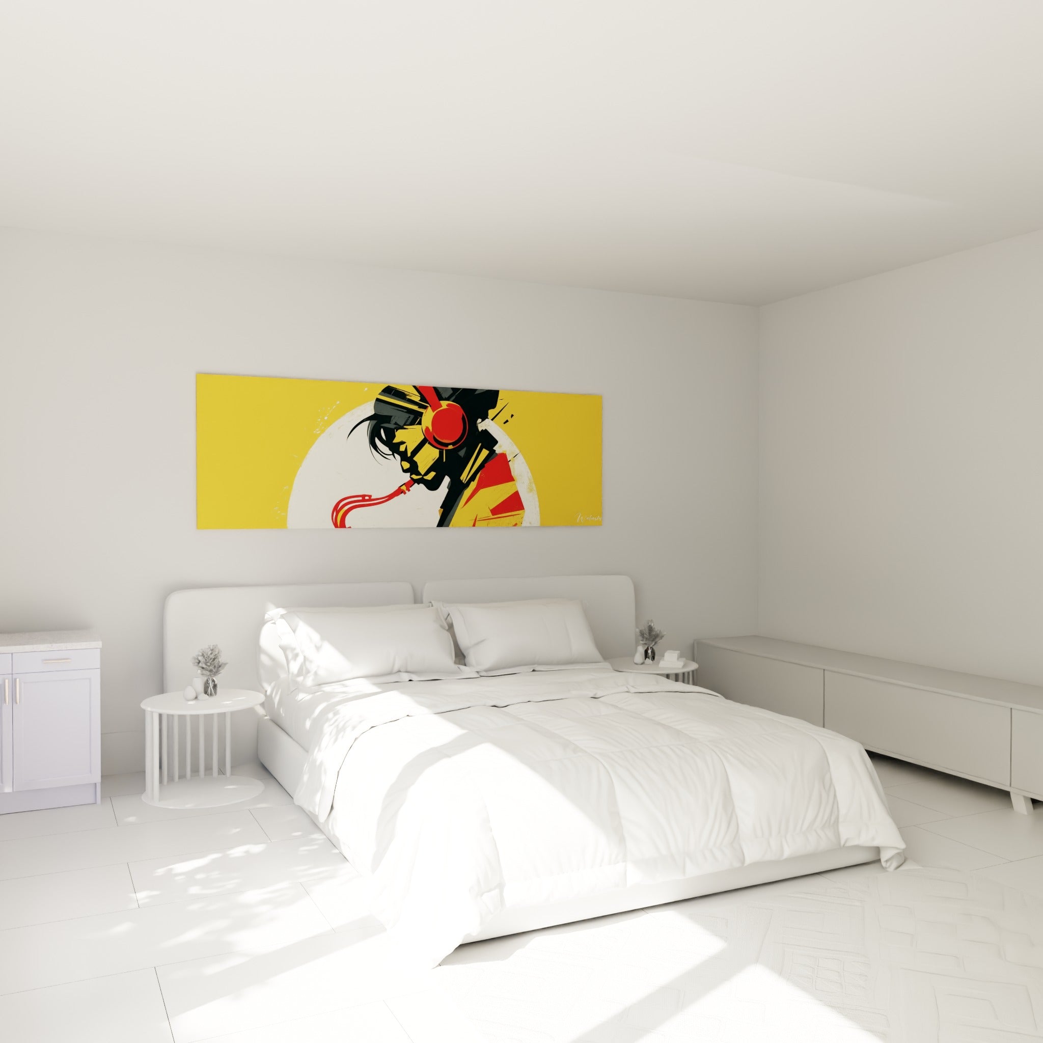 Silhouette casque rouge et jaune moutarde de Musique au-dessus d'un lit dans une chambre claire