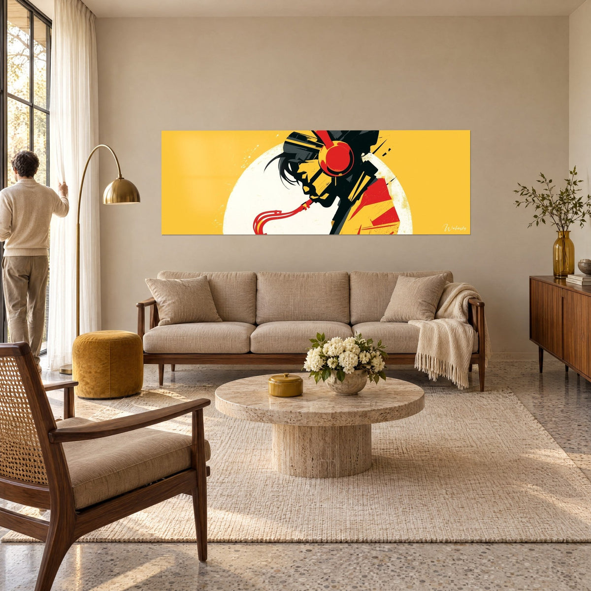 Wall art red headphones on a stylized profile, mustard yellow background and cream disc, above a sofa in a bright living room