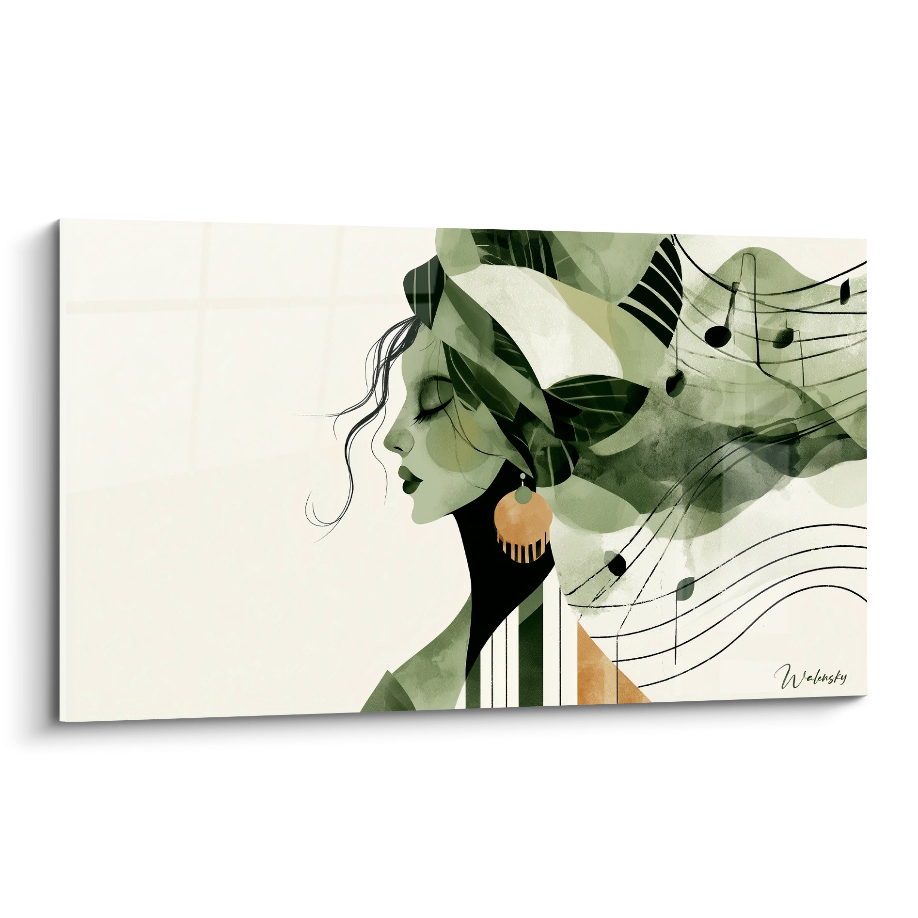 Profil féminin vert sauge et ocre entouré de notes de musique sur fond crème épuré