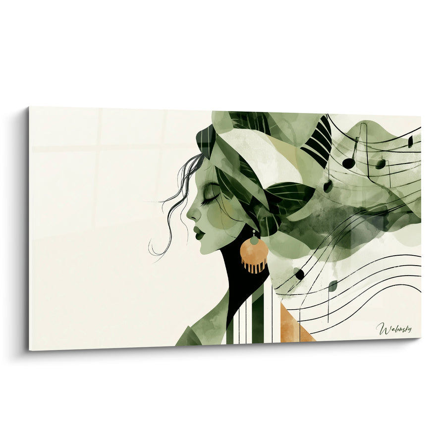 Tableau Musique vert olive et ambre portrait féminin - Boucle d'oreille dorée - Edition Musique