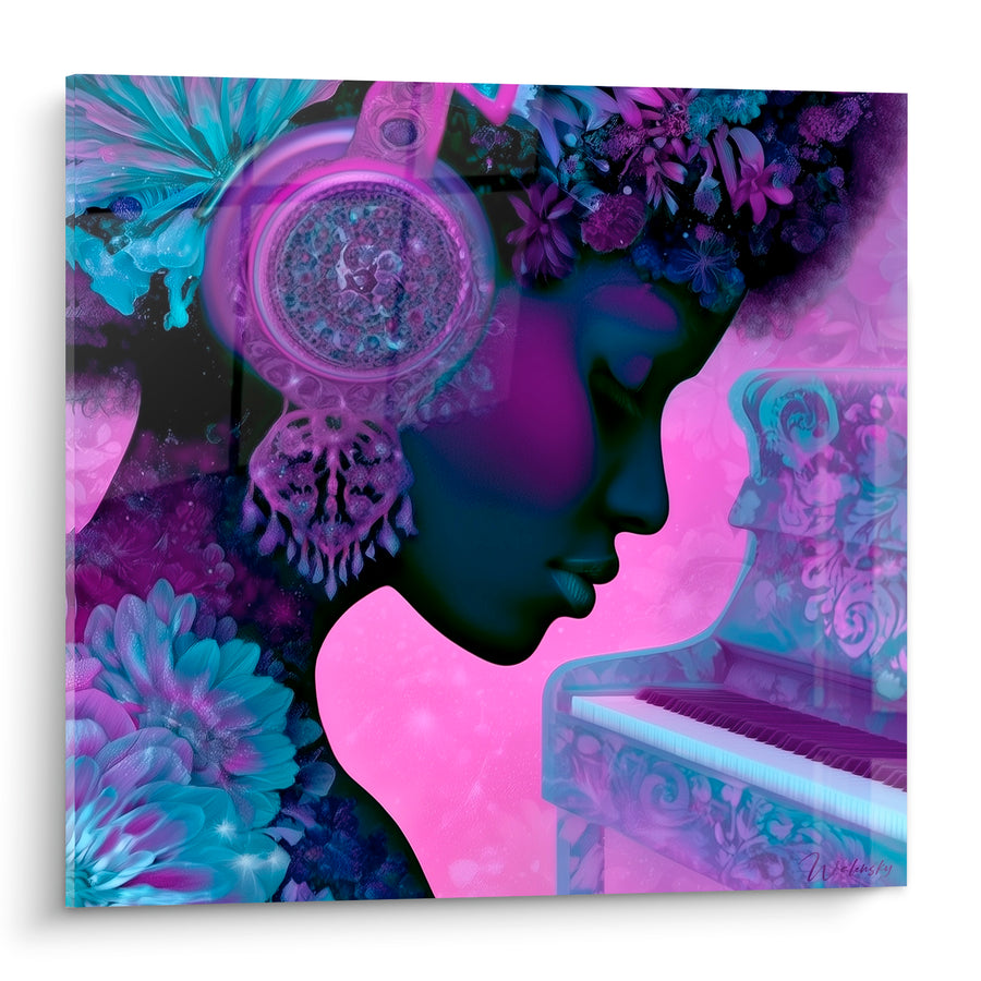 Tableau Musique profil violet rose piano fleuri - Rêverie mélodique - Edition Musique