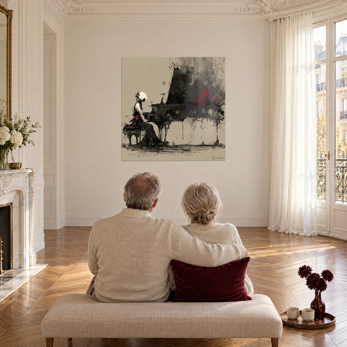 Wall art ink concert on grand piano, burst red flower and charcoal grey, hung facing a couple seated on a bench in an empty living room