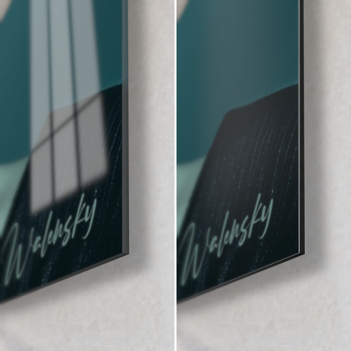 Schilderij Zwarte plaat over een versluierd gezicht, rechtsonder: glanzend acrylglas links, mat Dibond-aluminium rechts, handtekening Walensky