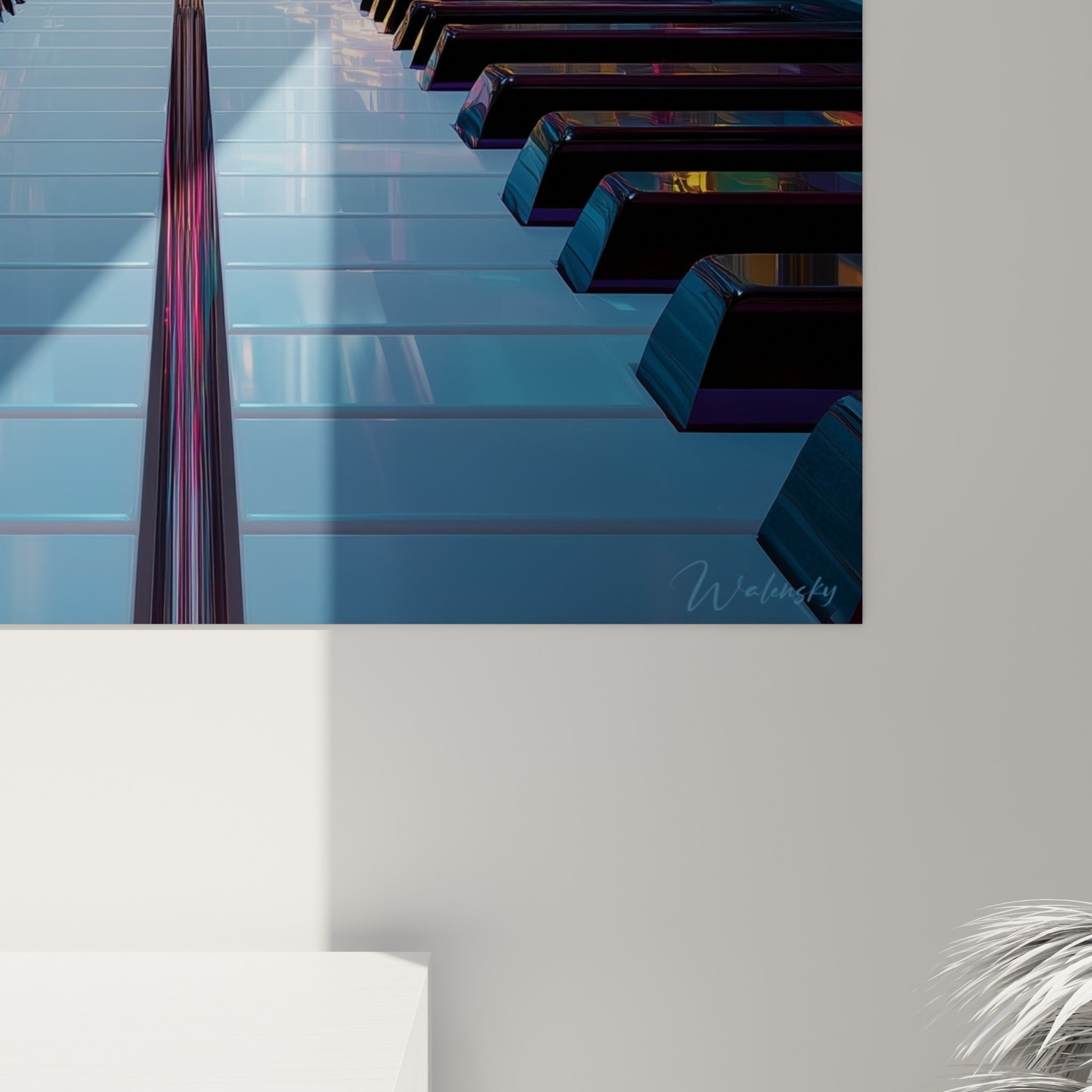 Grain de l'impression révélant les reflets dorés et fuchsia sur les touches noires du clavier Musique