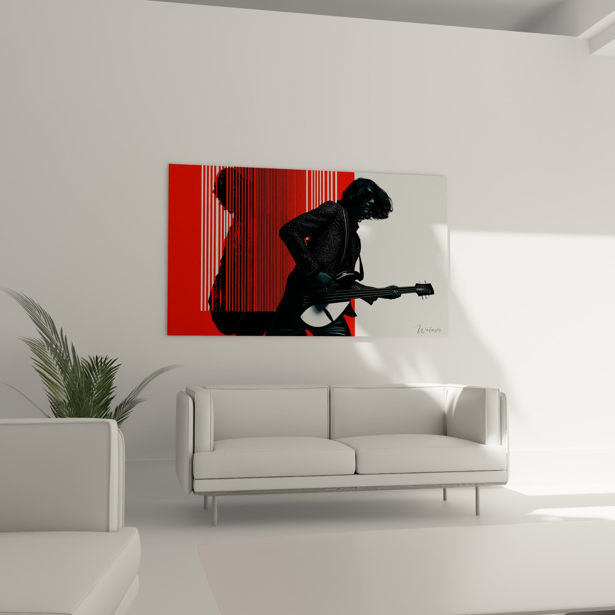Rockeur en pleine action, tons rouge et anthracite, au-dessus d'un canapé dans un salon lumineux