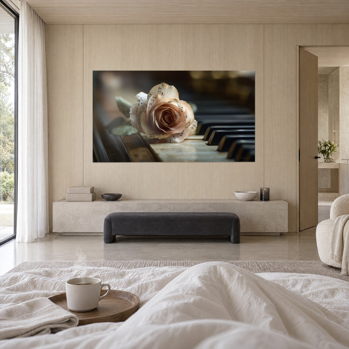 Wall art of an ivory and peach-pink corolla covered in black notes on piano keys, above a bed in a bright bedroom