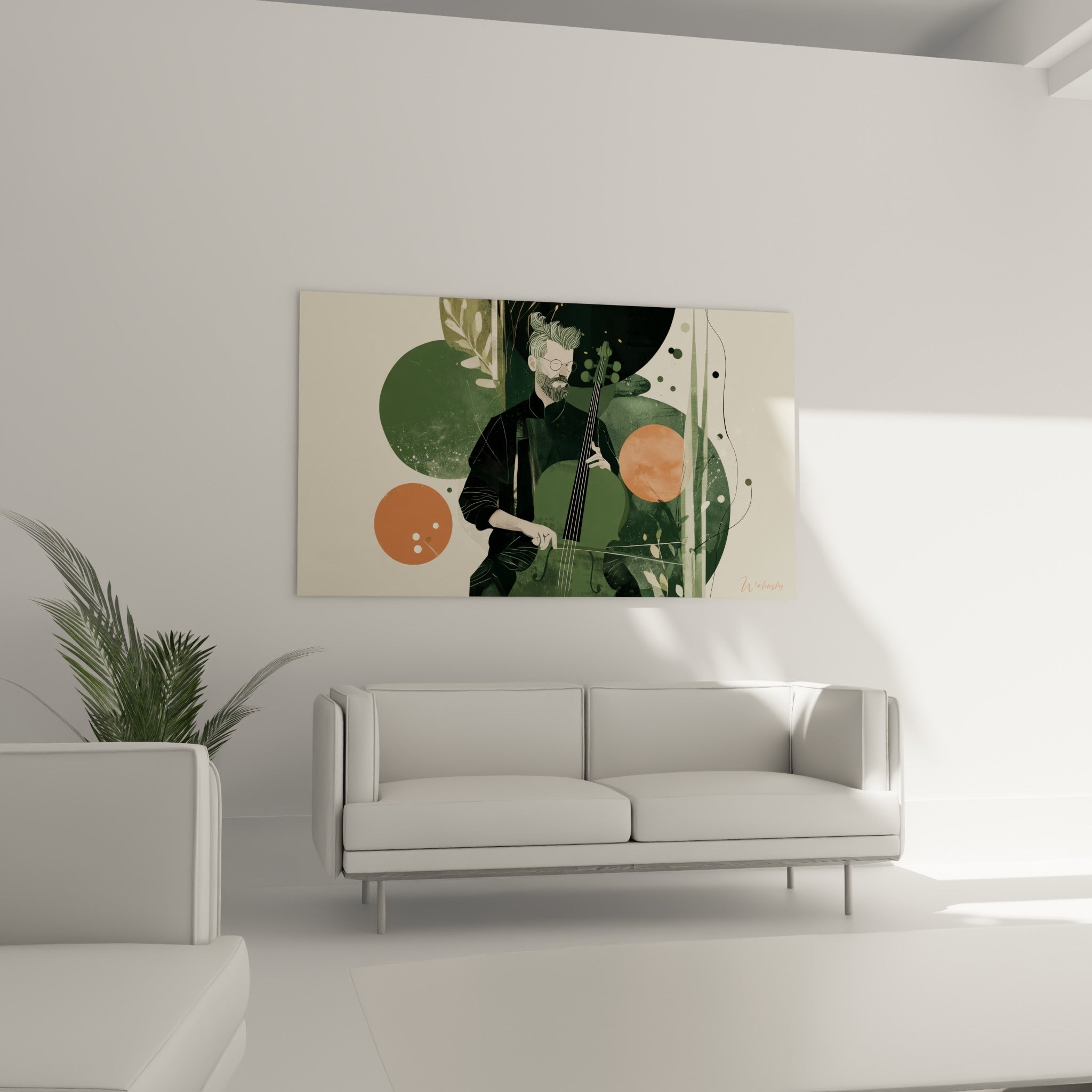 Homme à lunettes jouant de la contrebasse, tons verts et terracotta, au-dessus d'un canapé dans un salon lumineux