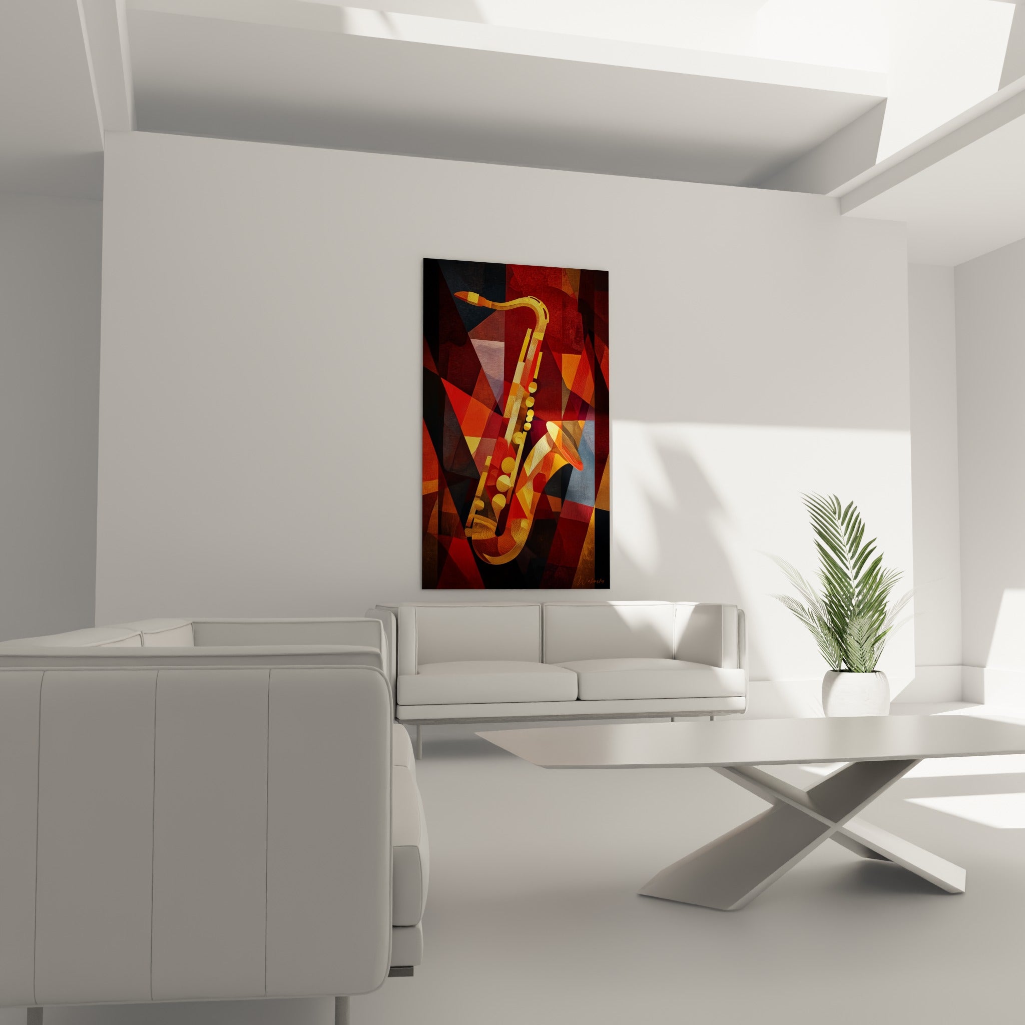 Courbes dorées du saxophone contrastant avec des éclats bleu ardoise, au-dessus d'un canapé dans un salon lumineux