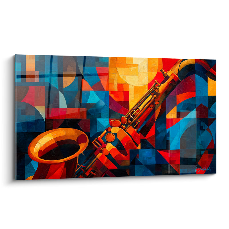 Tableau Musique bleu et rouge saxophone cubiste - Pavillon doré ouvert - Edition Musique