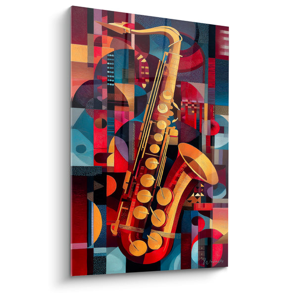 Gemälde Musik Saxophon Gold und Bordeaux Patchwork Geometrisch - Farbige Kubistische Mosaik - Edition Musik