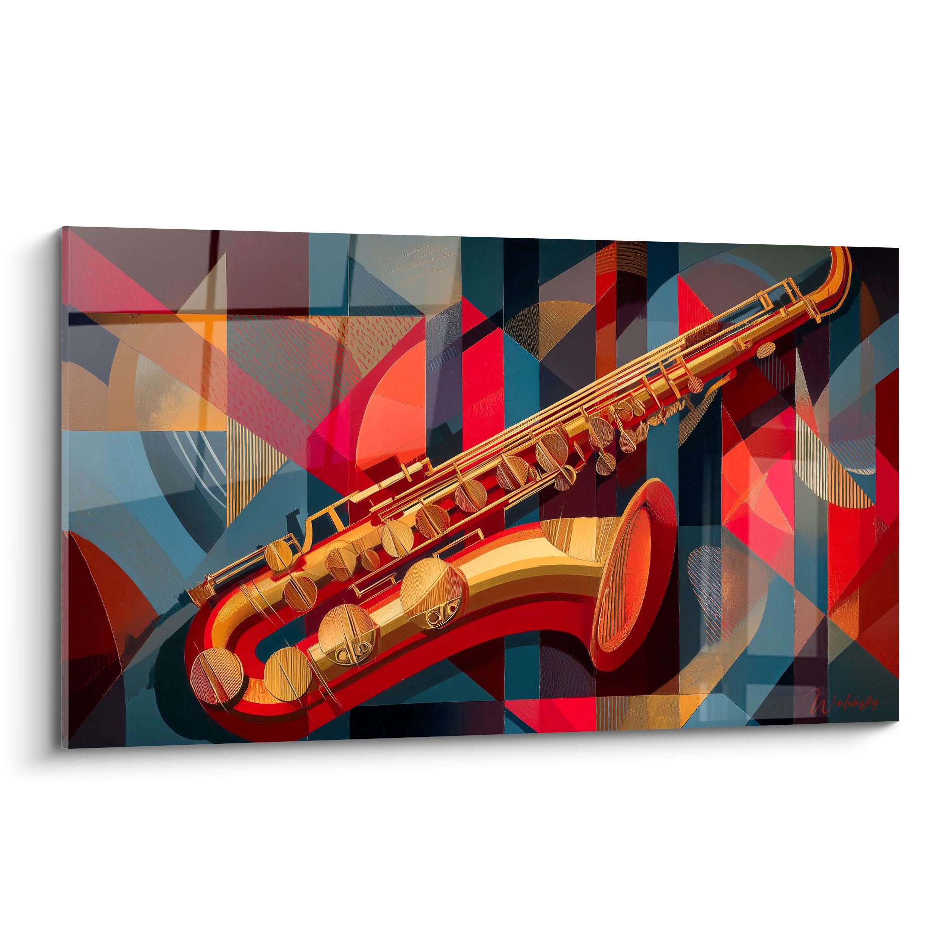 Saxophone doré et rouge en diagonale sur fond géométrique bleu marine et terracotta abstrait