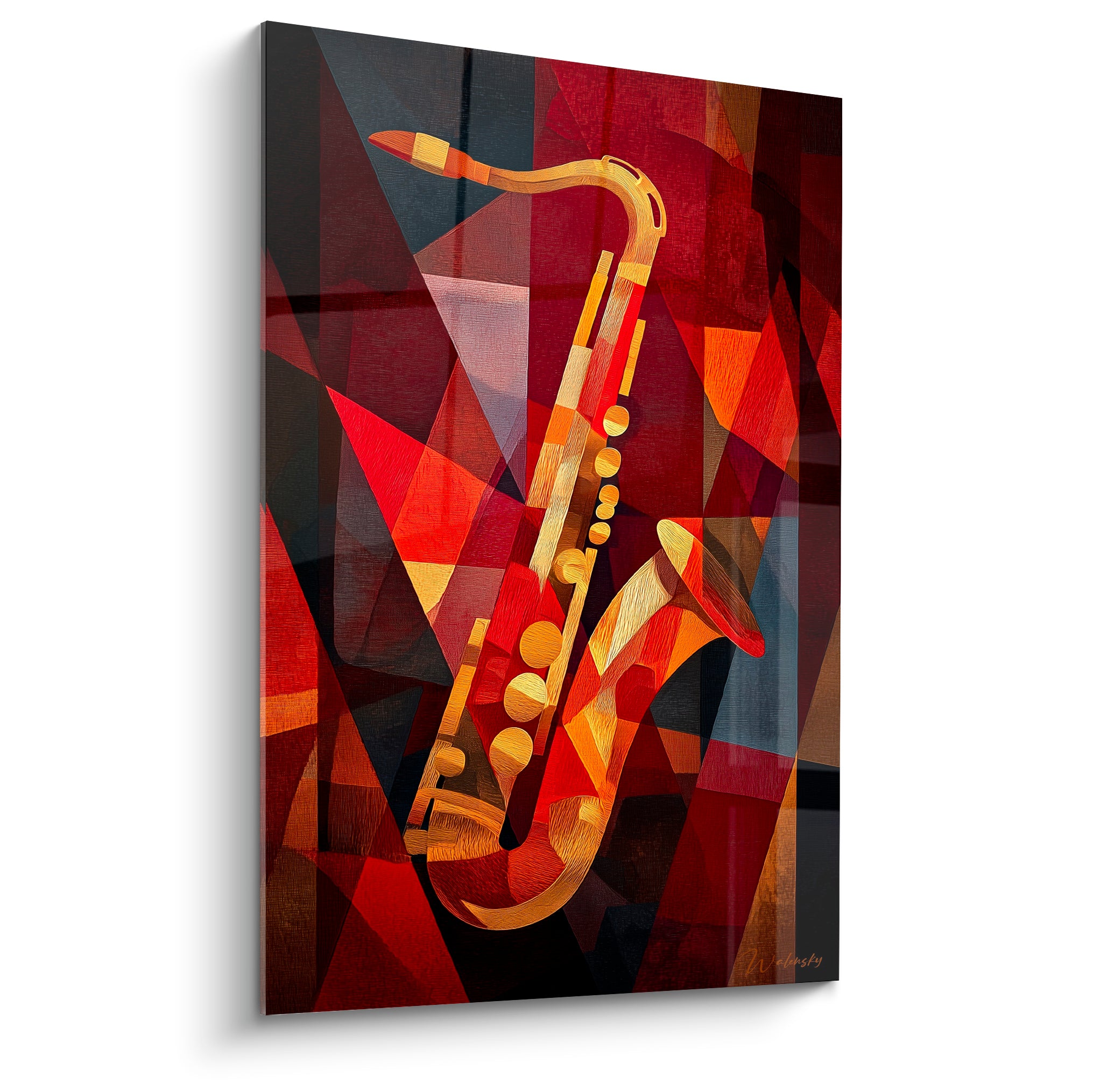 Saxophone doré peint sur fond cubiste rouge grenat, anthracite et ocre aux formes géométriques